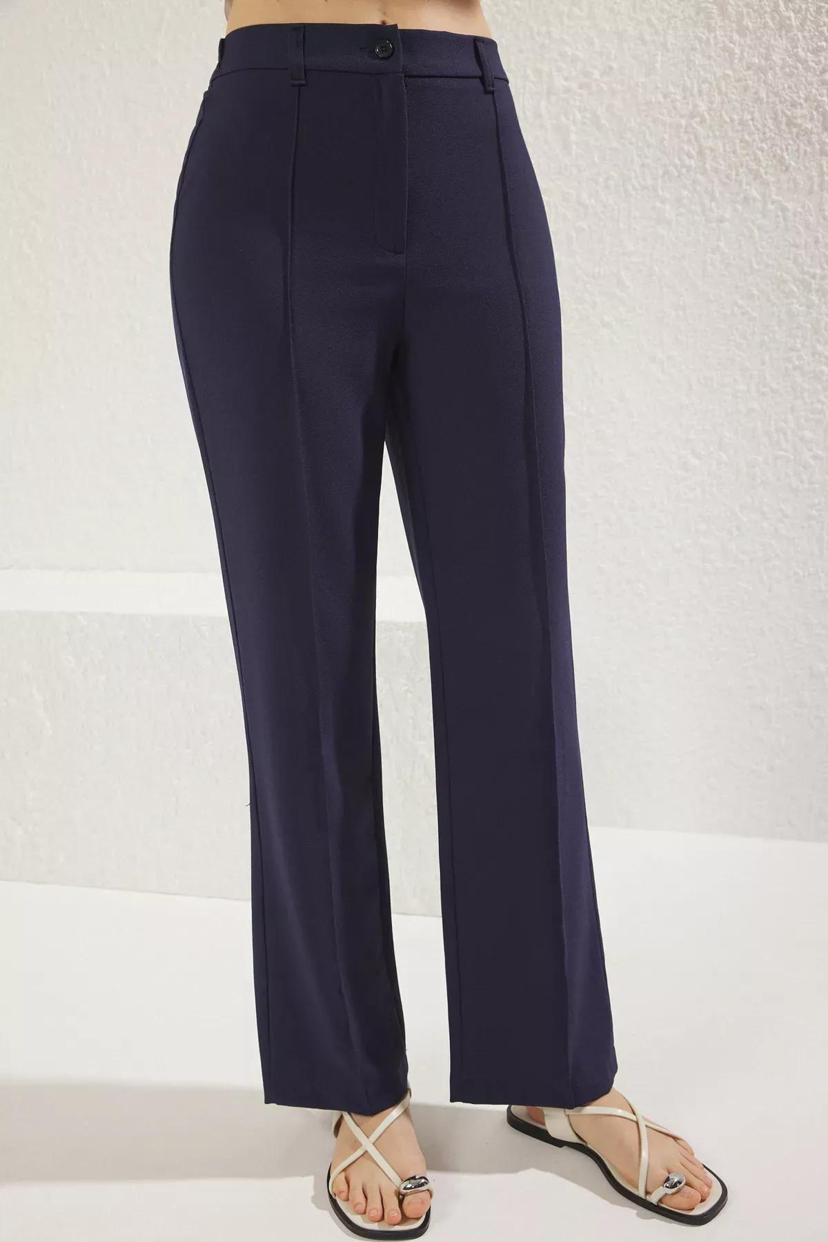 Navy Ribbed Straight Cut Trousers, Navy blue, large image number 3