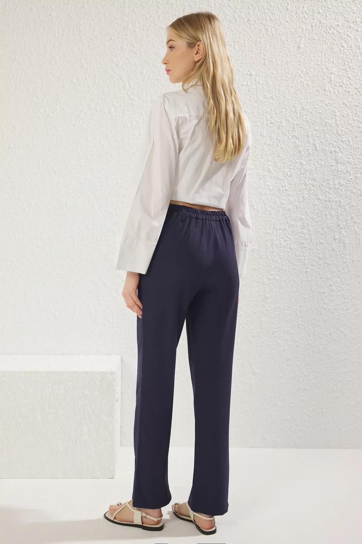 Navy Ribbed Straight Cut Trousers, Navy blue, large image number 4