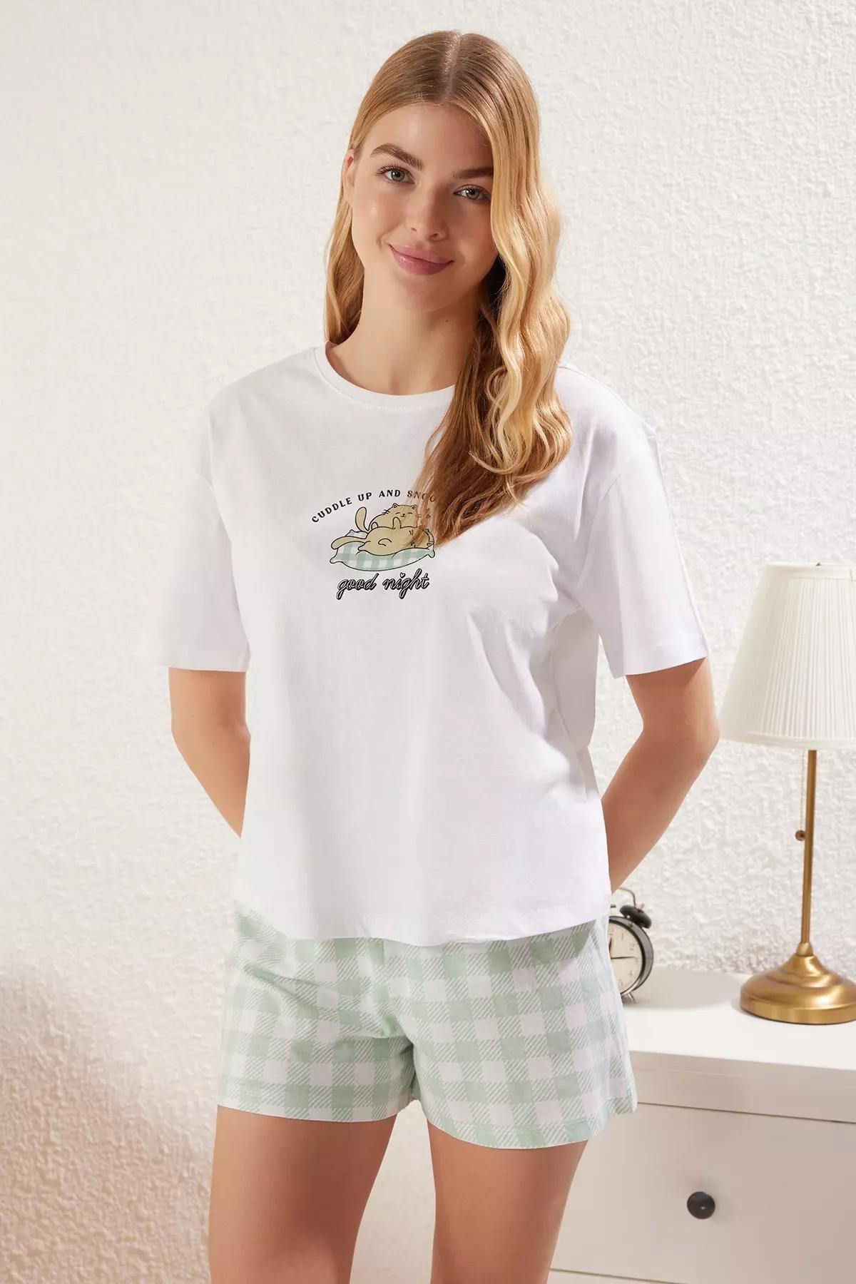Mint Plaid Knitted Pyjamas Set, , large image number 0
