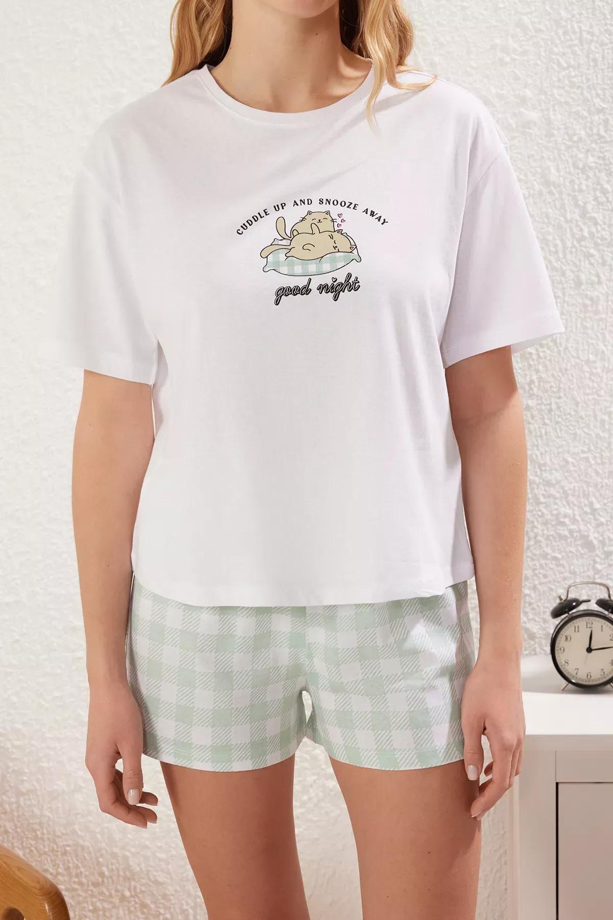 Mint Plaid Knitted Pyjamas Set, , large image number 2
