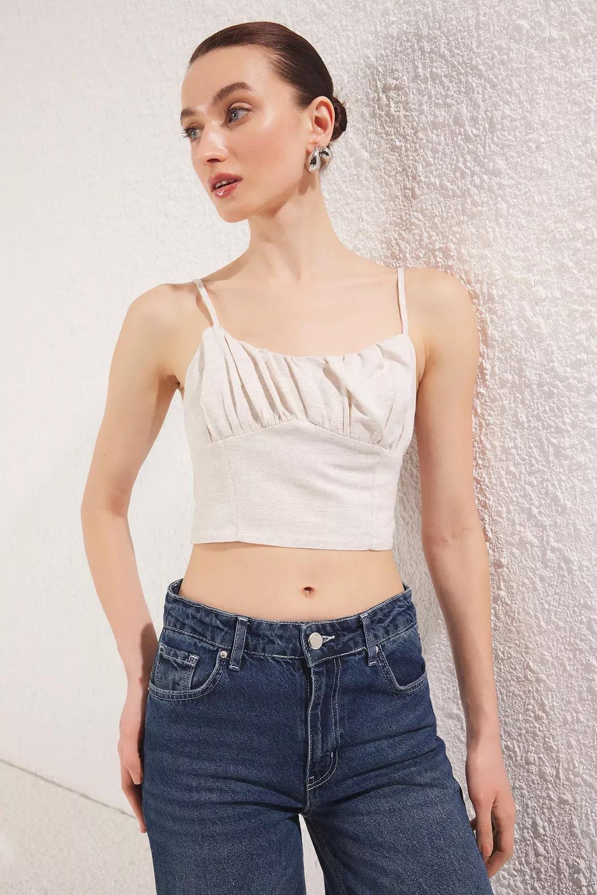Beige Linen Thin Strap Crop Blouse, Beige, large image number 1