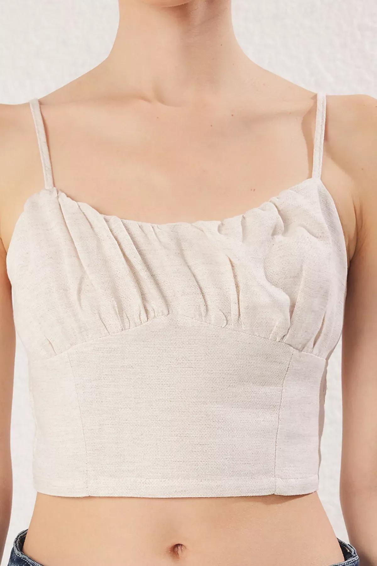 Beige Linen Thin Strap Crop Blouse, Beige, large image number 3