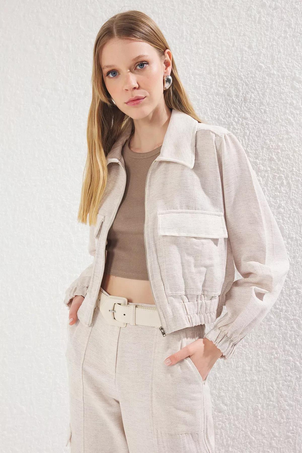 Beige Linen Look Drawstring Jacket, Beige, large image number 0