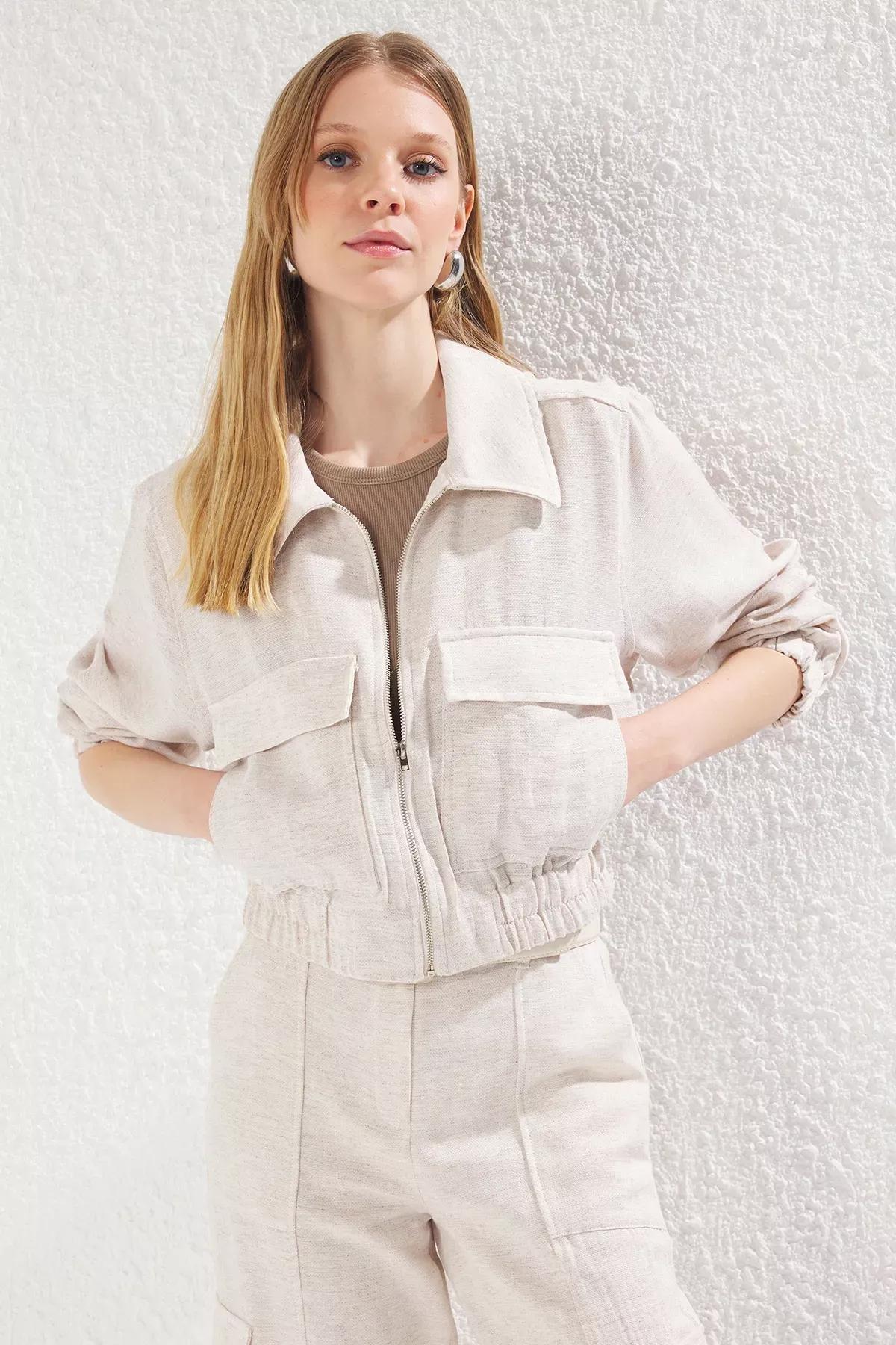 Beige Linen Look Drawstring Jacket, Beige, large image number 1