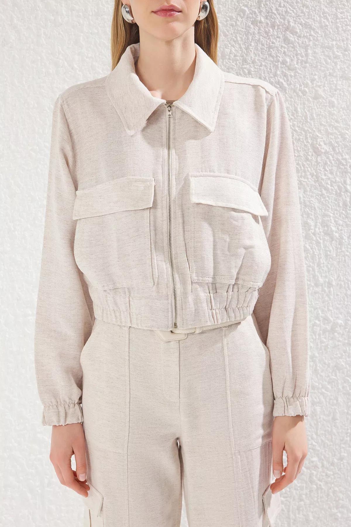 Beige Linen Look Drawstring Jacket, Beige, large image number 2