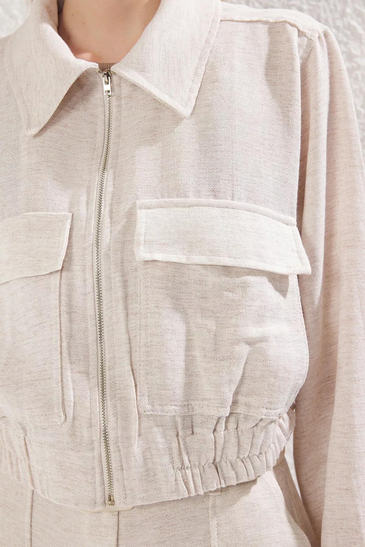 Beige Linen Look Drawstring Jacket, Beige, large image number 3