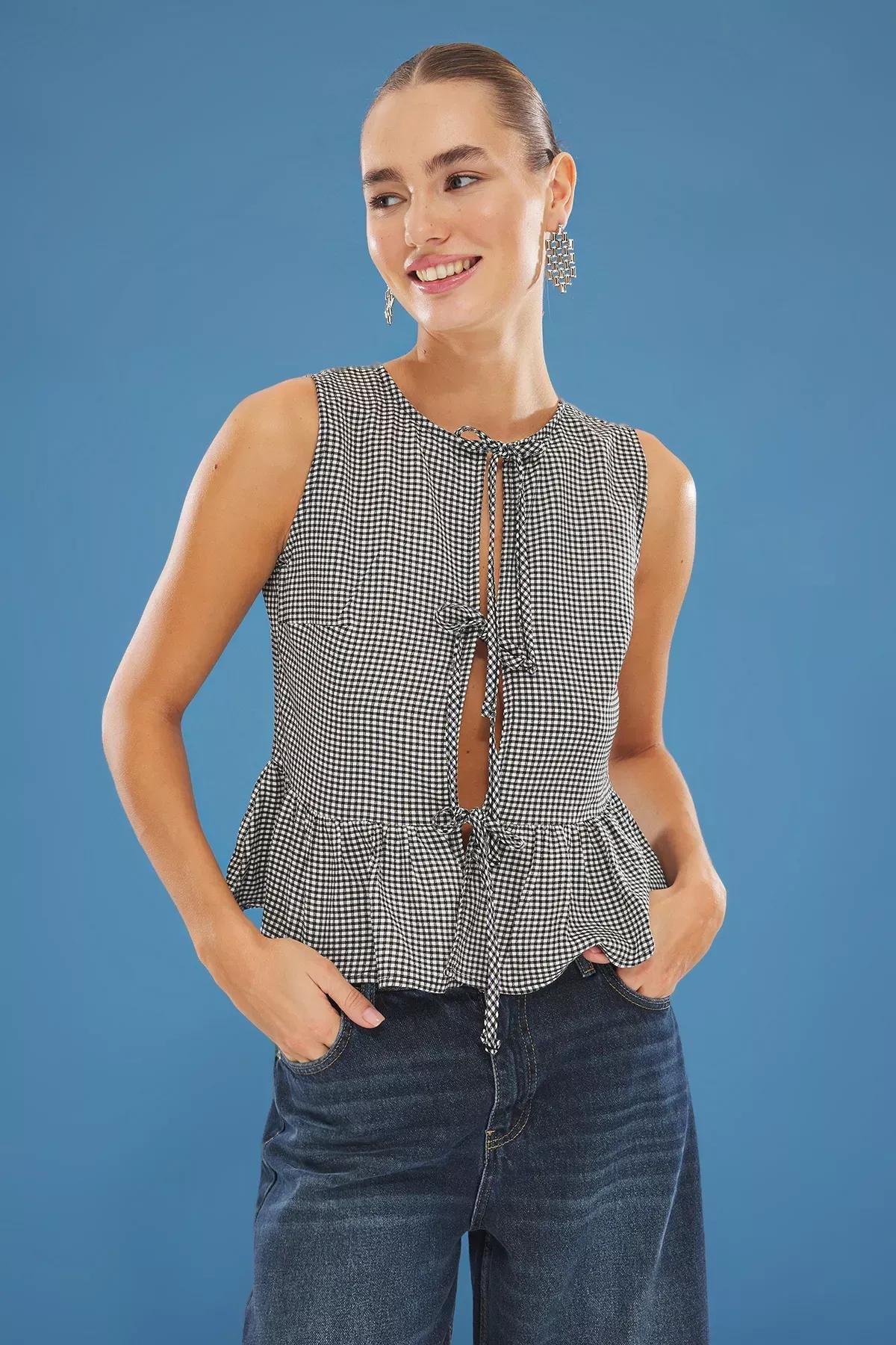 Black Gingham Front Tie Detail Blouse, BLACK, medium