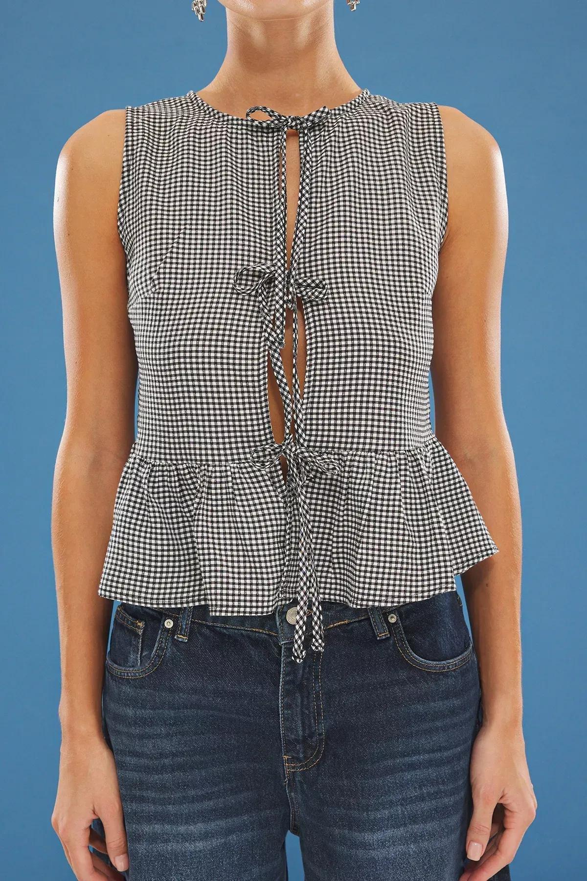 Black Gingham Front Tie Detail Blouse, , large image number 2