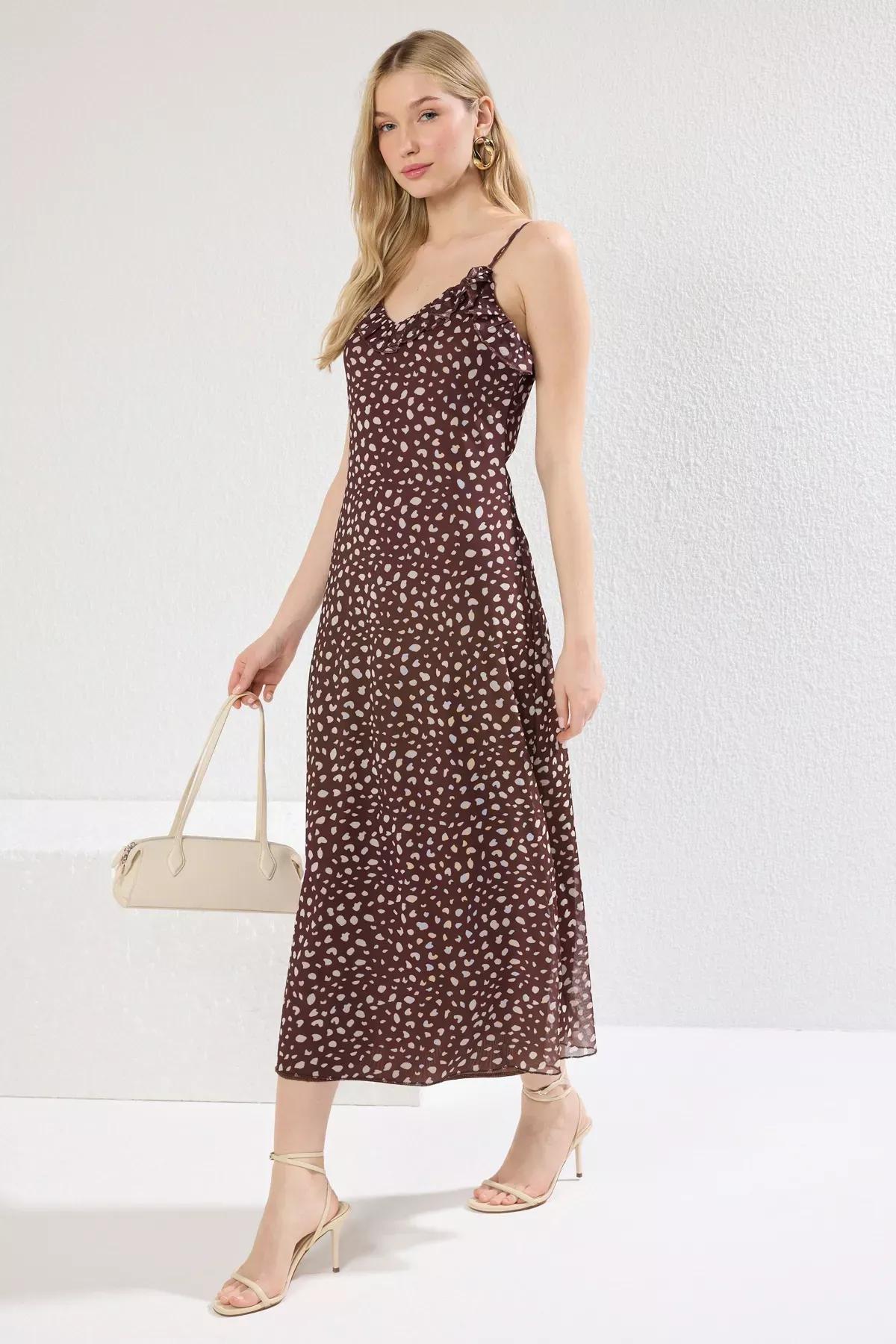 Brown Ruffle Maxi Knit Dress, Brown, large image number 0