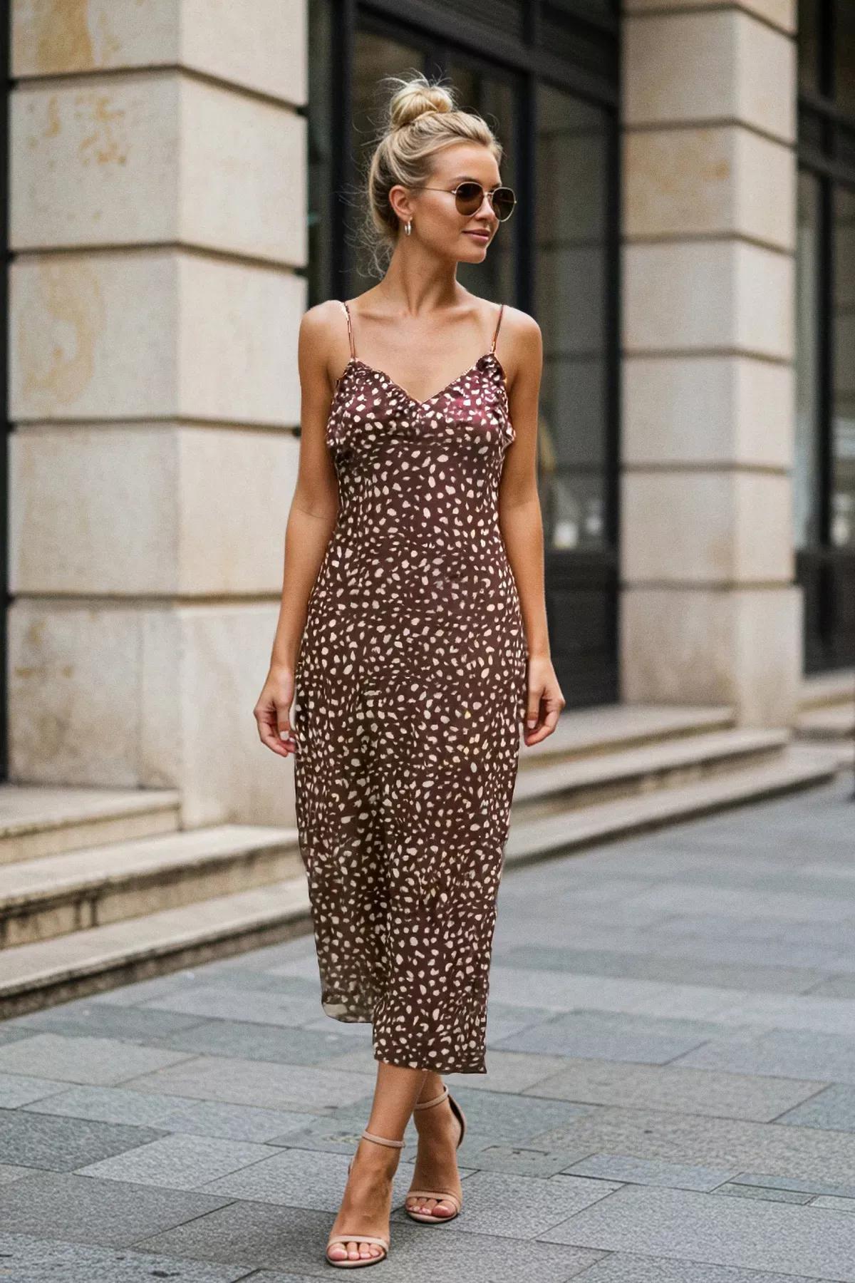 Brown Ruffle Maxi Knit Dress, Brown, large image number 1