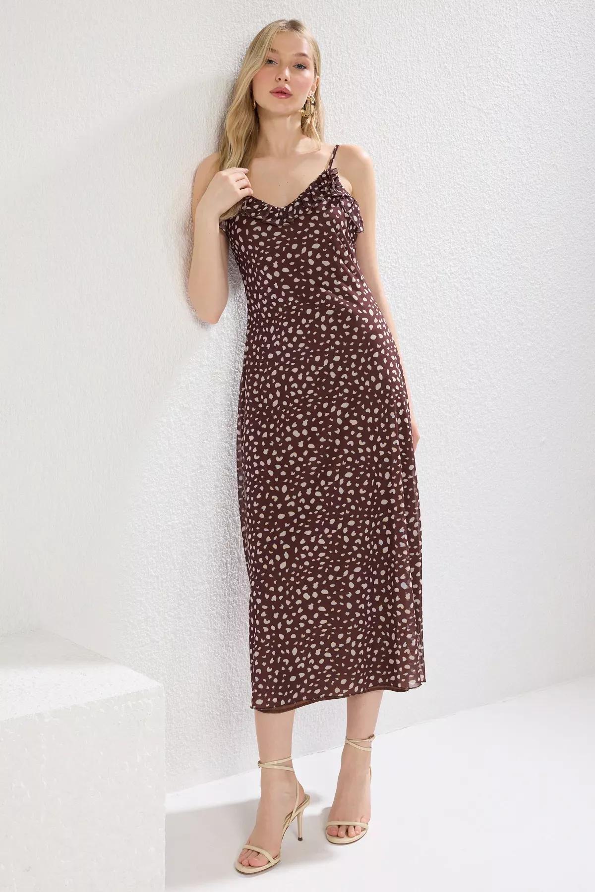 Brown Ruffle Maxi Knit Dress, Brown, large image number 2
