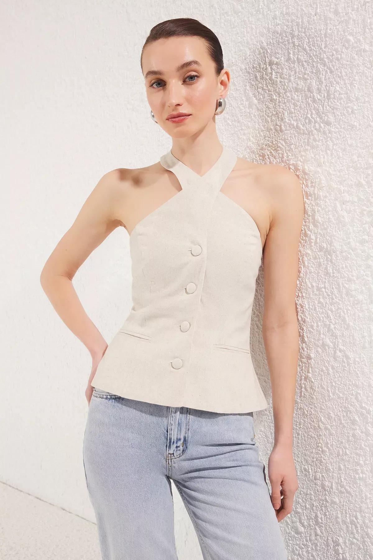 Beige Linen Cross Halter Neck Blouse, , large image number 0