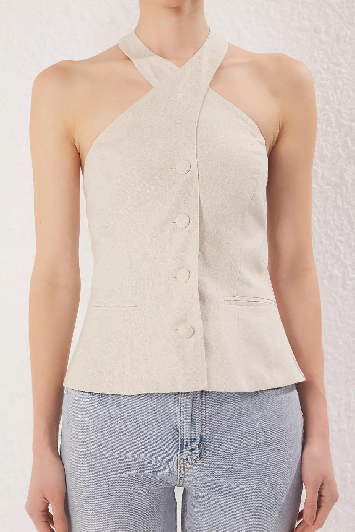 Beige Linen Cross Halter Neck Blouse, , large image number 2
