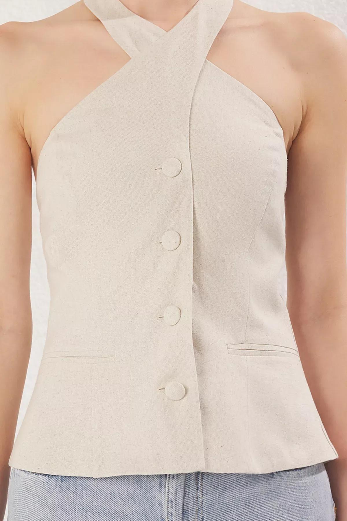 Beige Linen Cross Halter Neck Blouse, , large image number 3