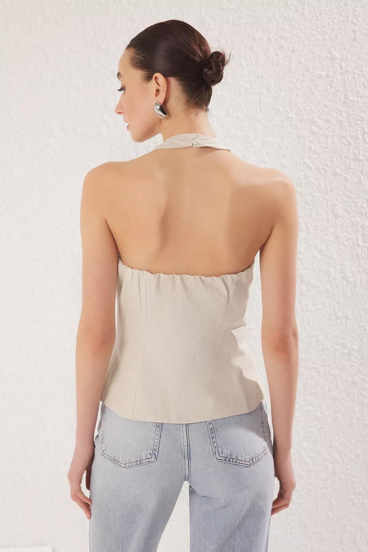 Beige Linen Cross Halter Neck Blouse, , large image number 4