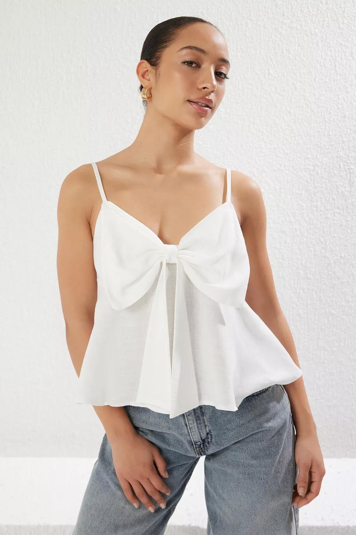 White Bow Strap Woven Blouse, , large image number 0