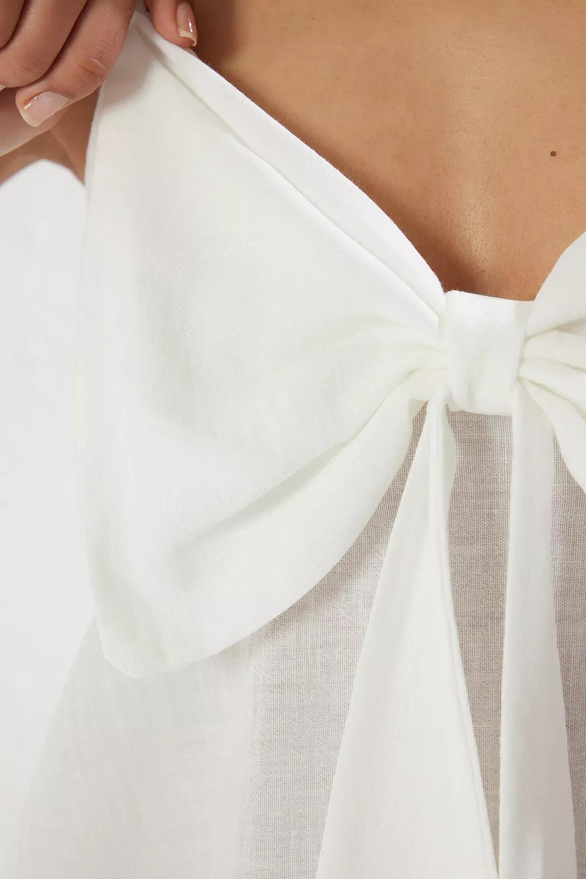 White Bow Strap Woven Blouse, , large image number 2