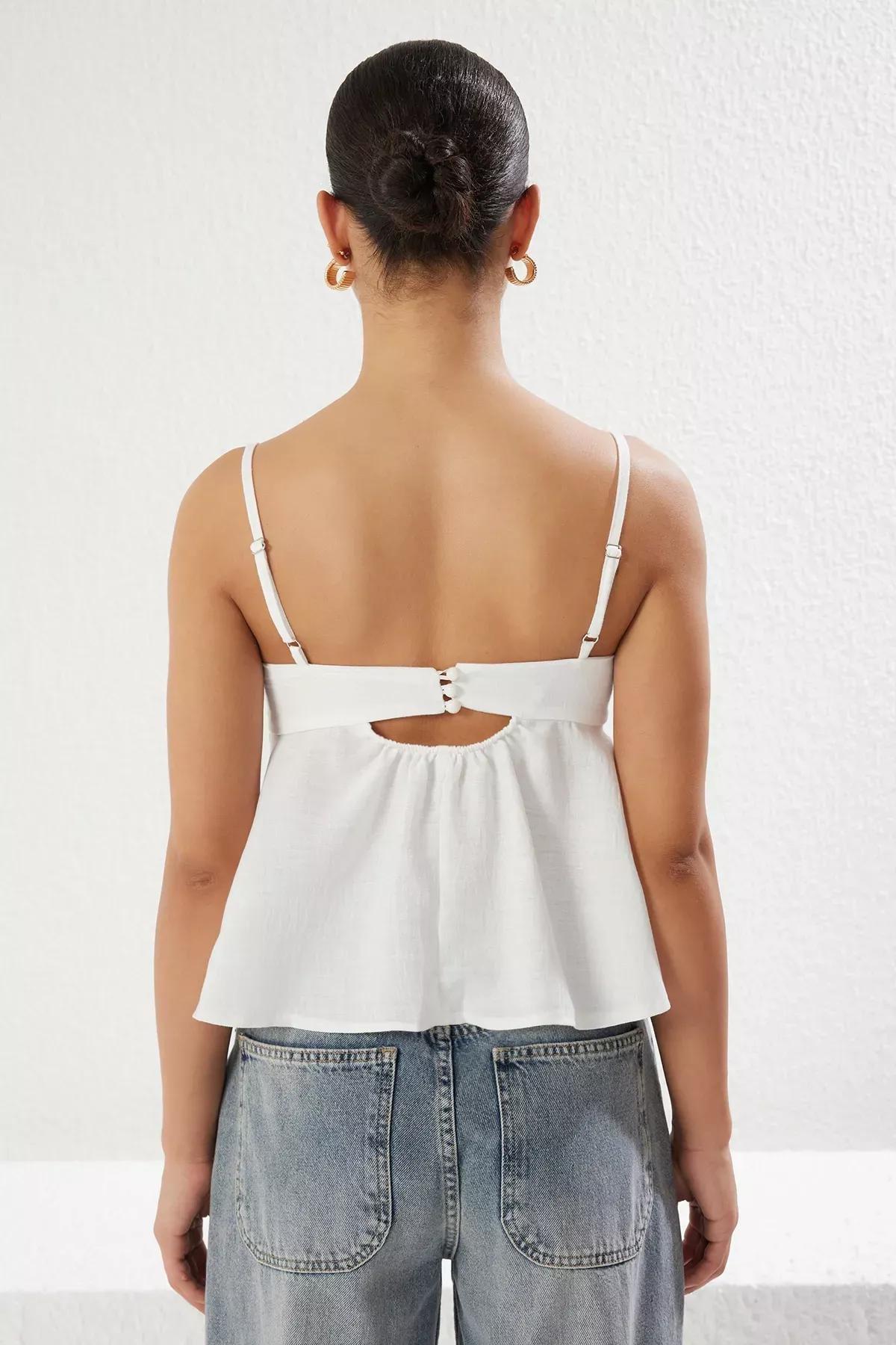 White Bow Strap Woven Blouse, , large image number 3