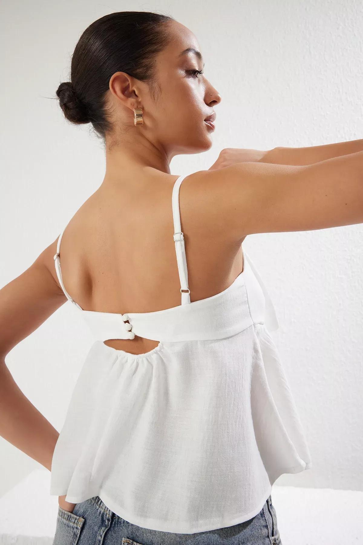 White Bow Strap Woven Blouse, , large image number 4
