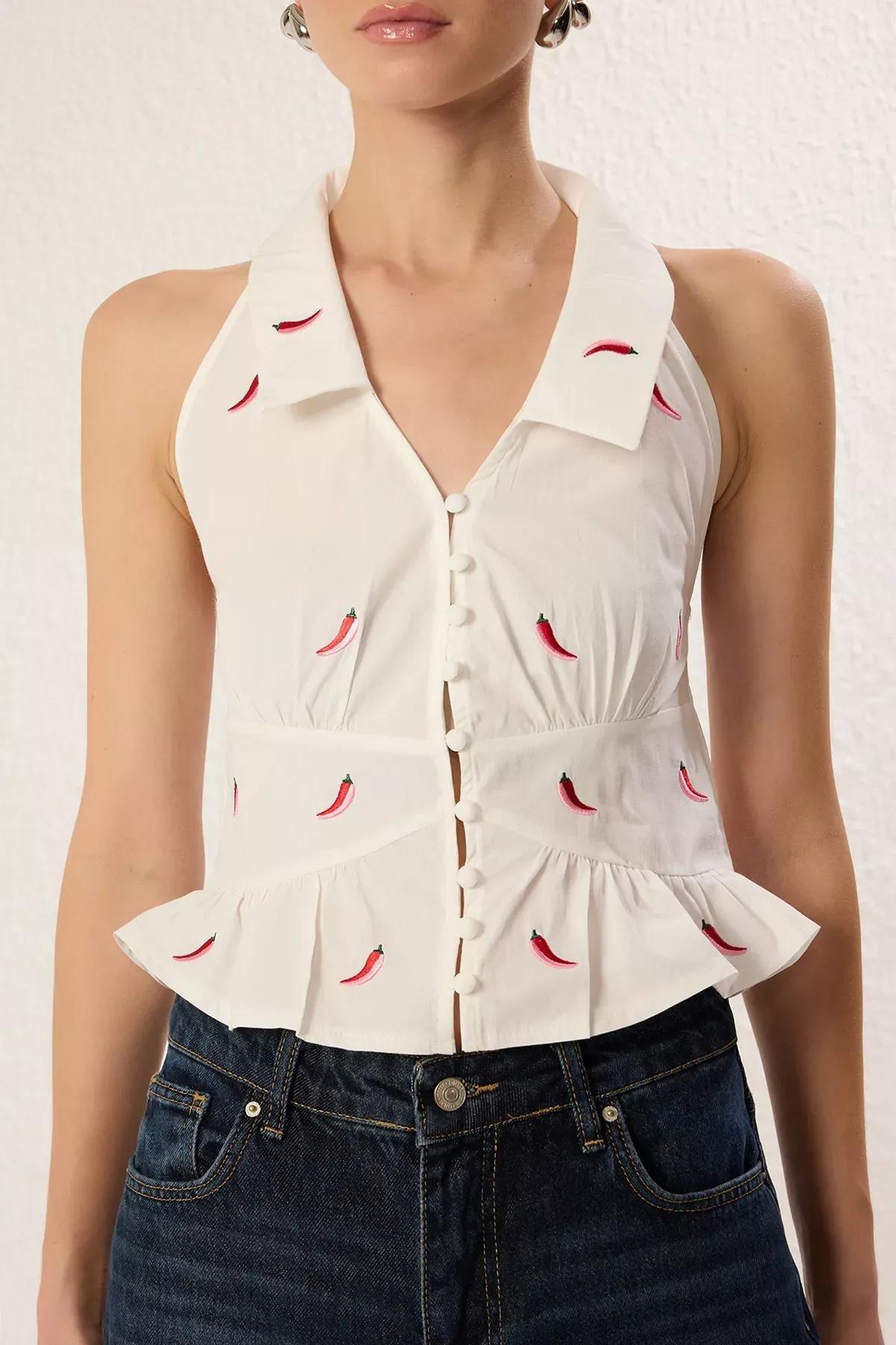 White Embroidered Crop Blouse, White, large image number 2