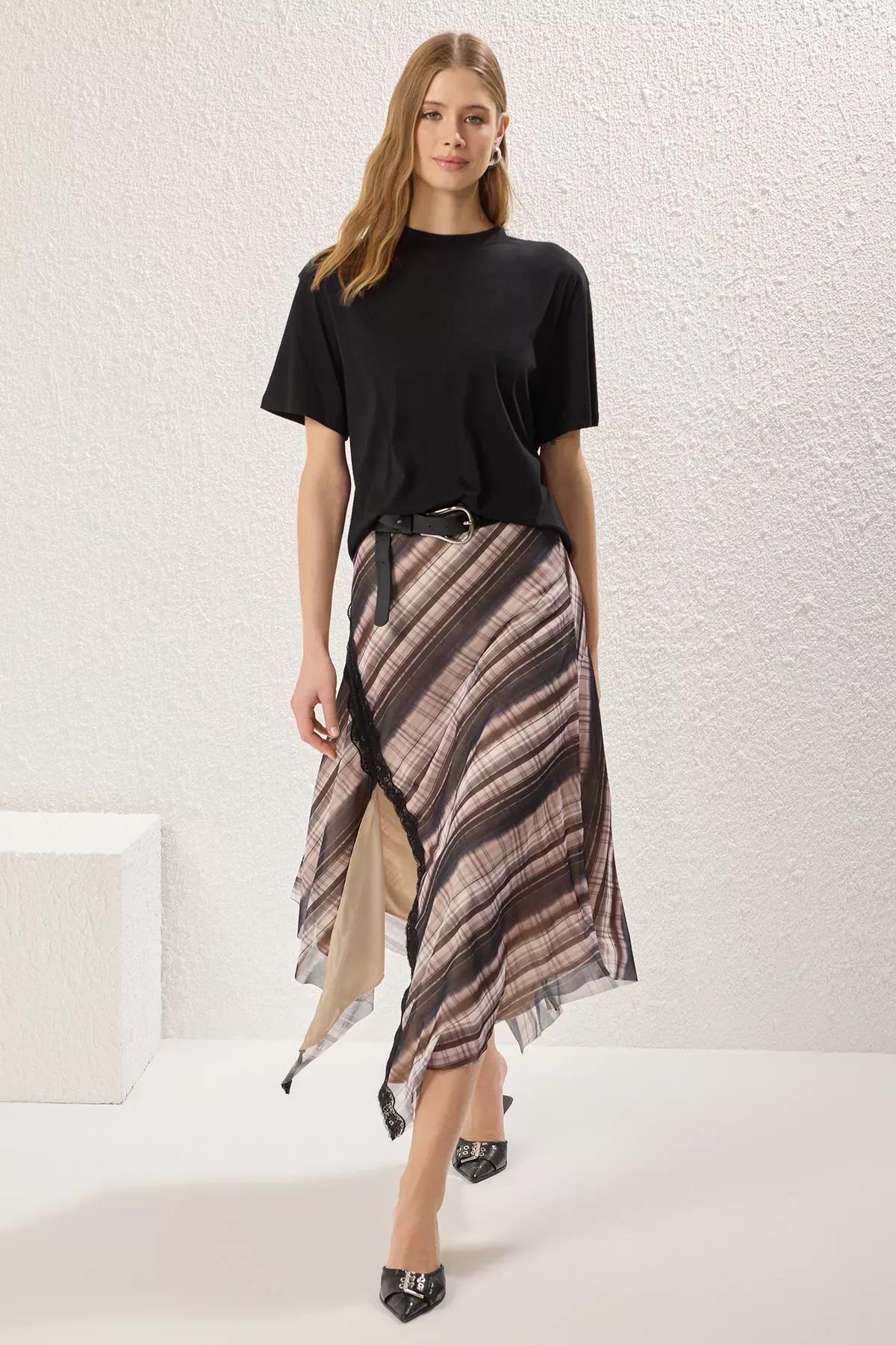 Brown Plaid Tulle Lace Skirt, Brown, large image number 0