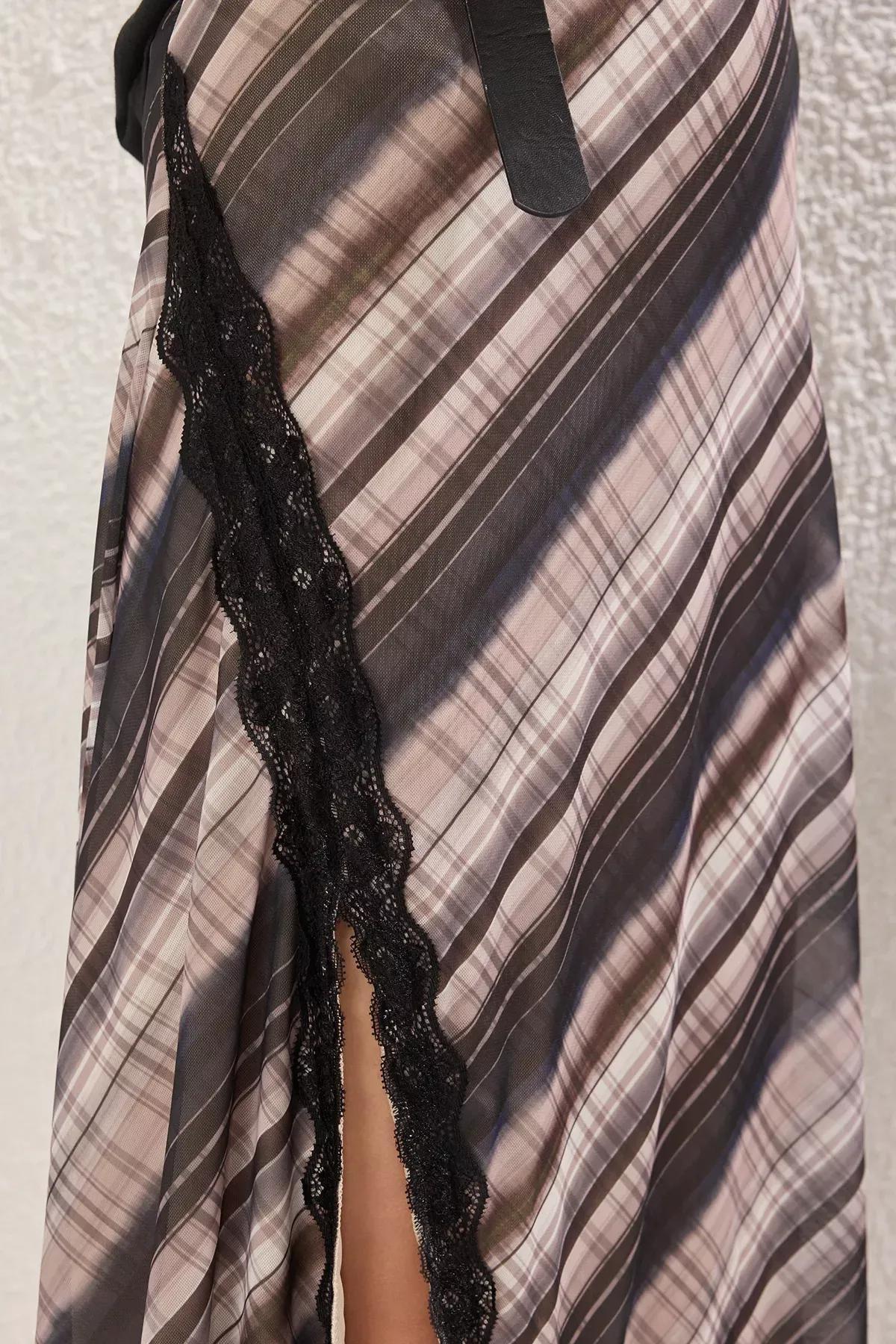 Brown Plaid Tulle Lace Skirt, Brown, large image number 2