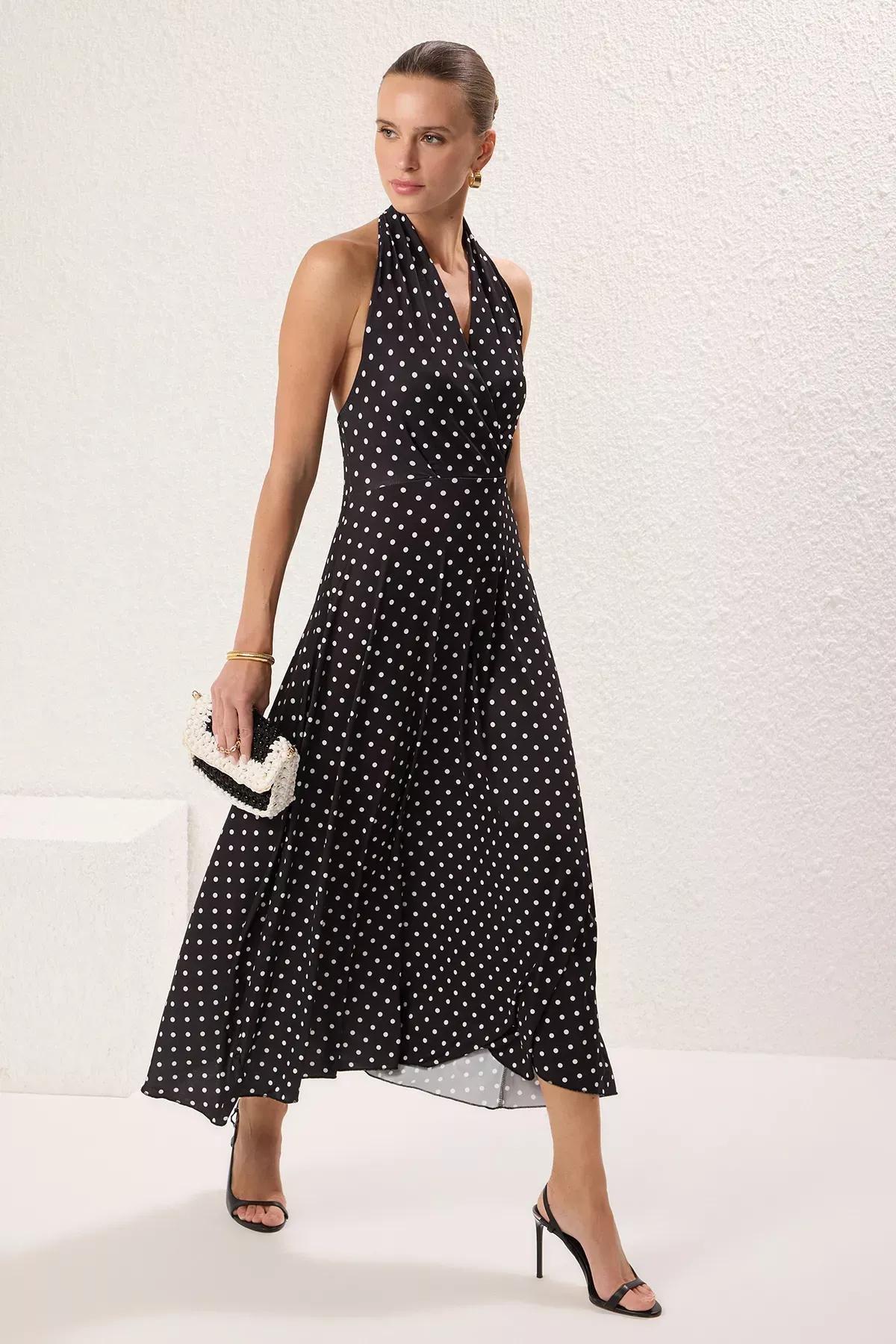 Black Polka Dot Maxi Knit Dress, , large image number 0