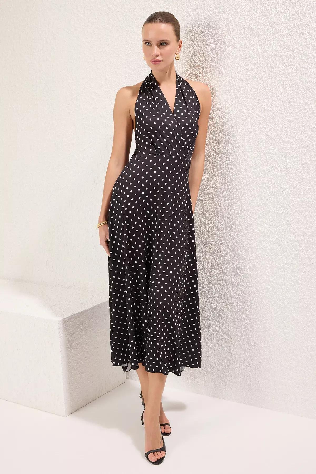 Black Polka Dot Maxi Knit Dress, , large image number 1