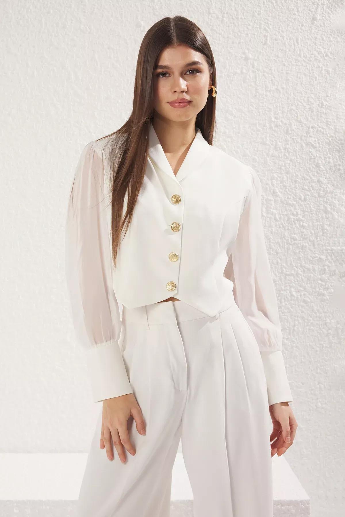 White Metal Button Blazer Jacket, White, large image number 0