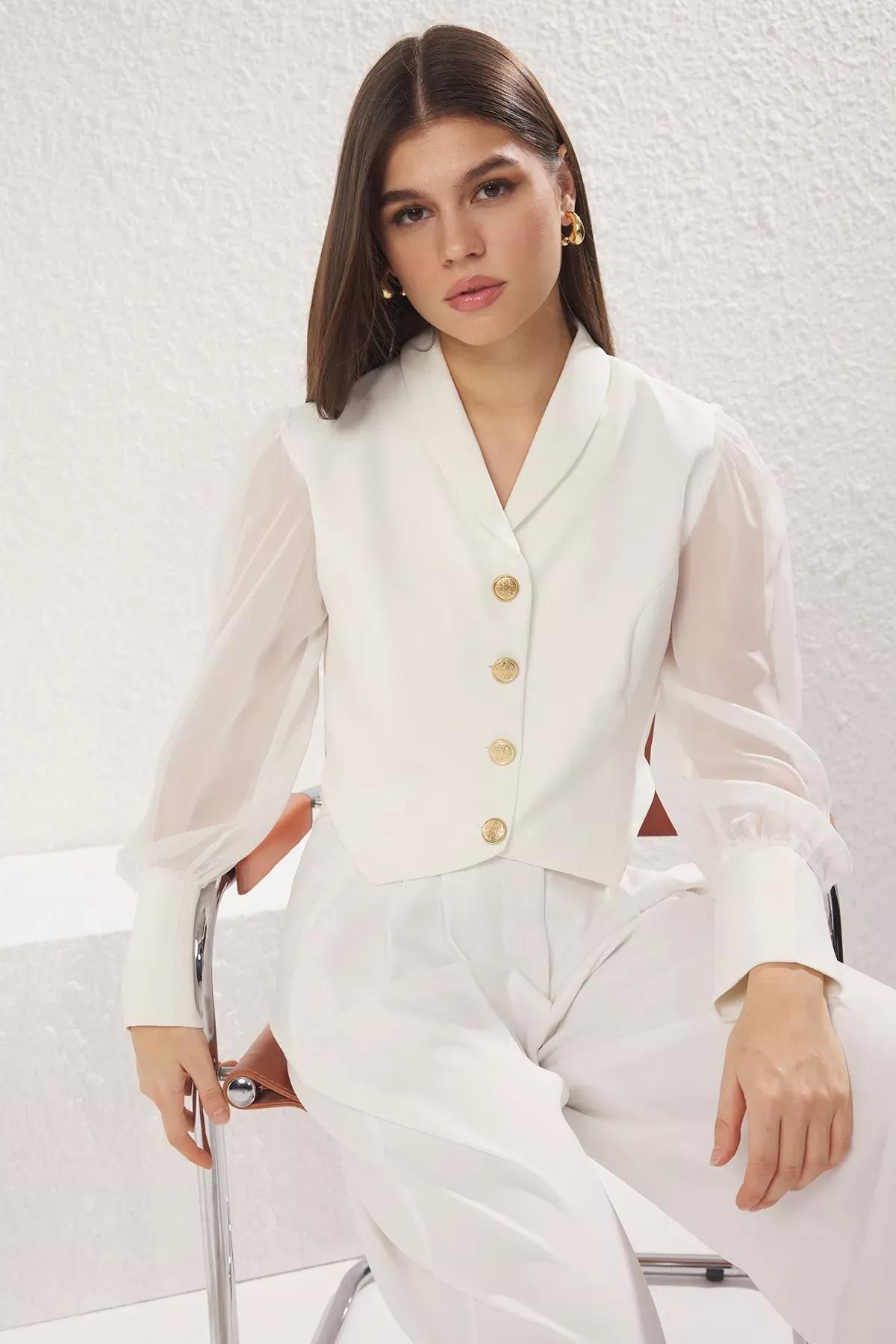 White Metal Button Blazer Jacket, White, large image number 1