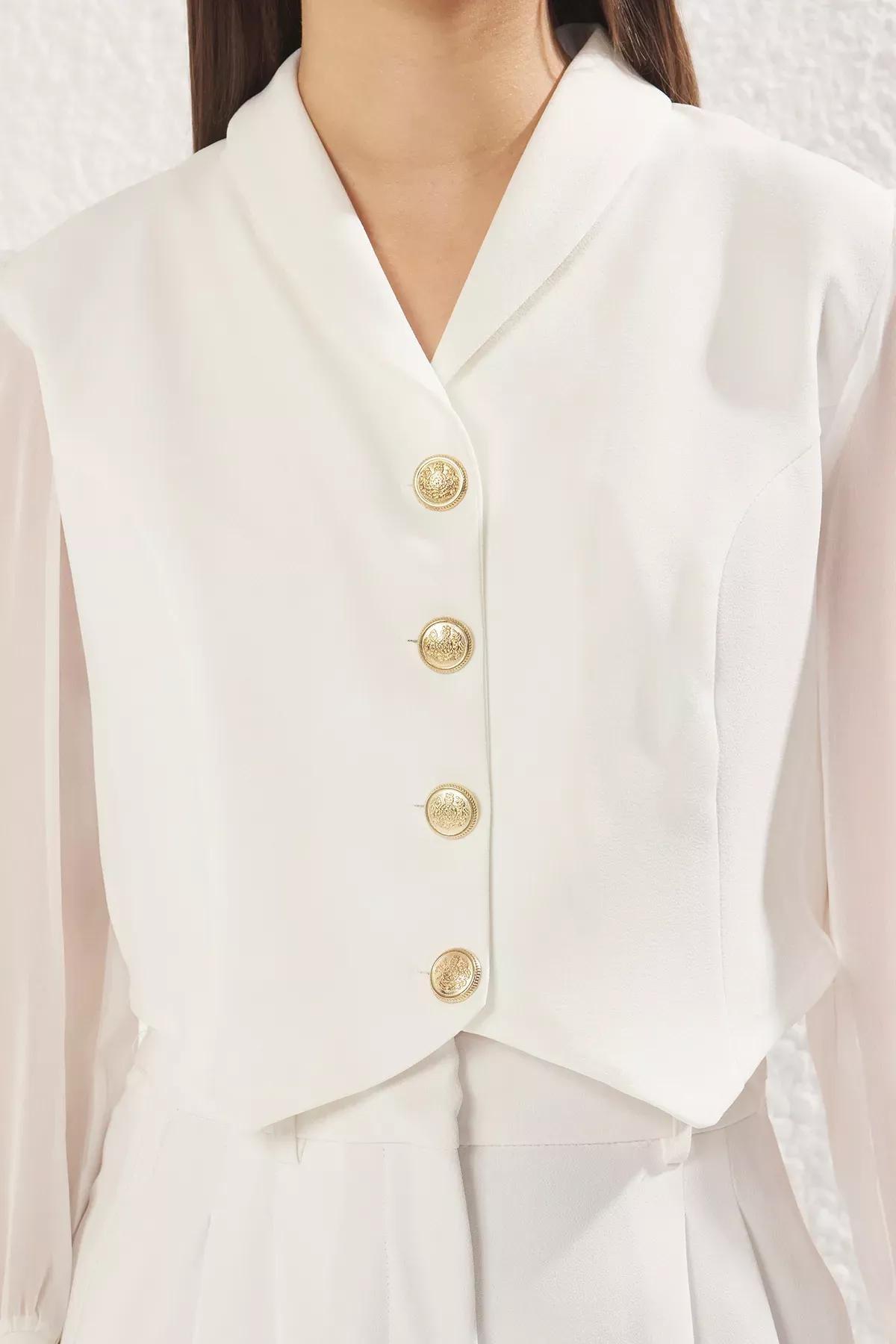 White Metal Button Blazer Jacket, White, large image number 2