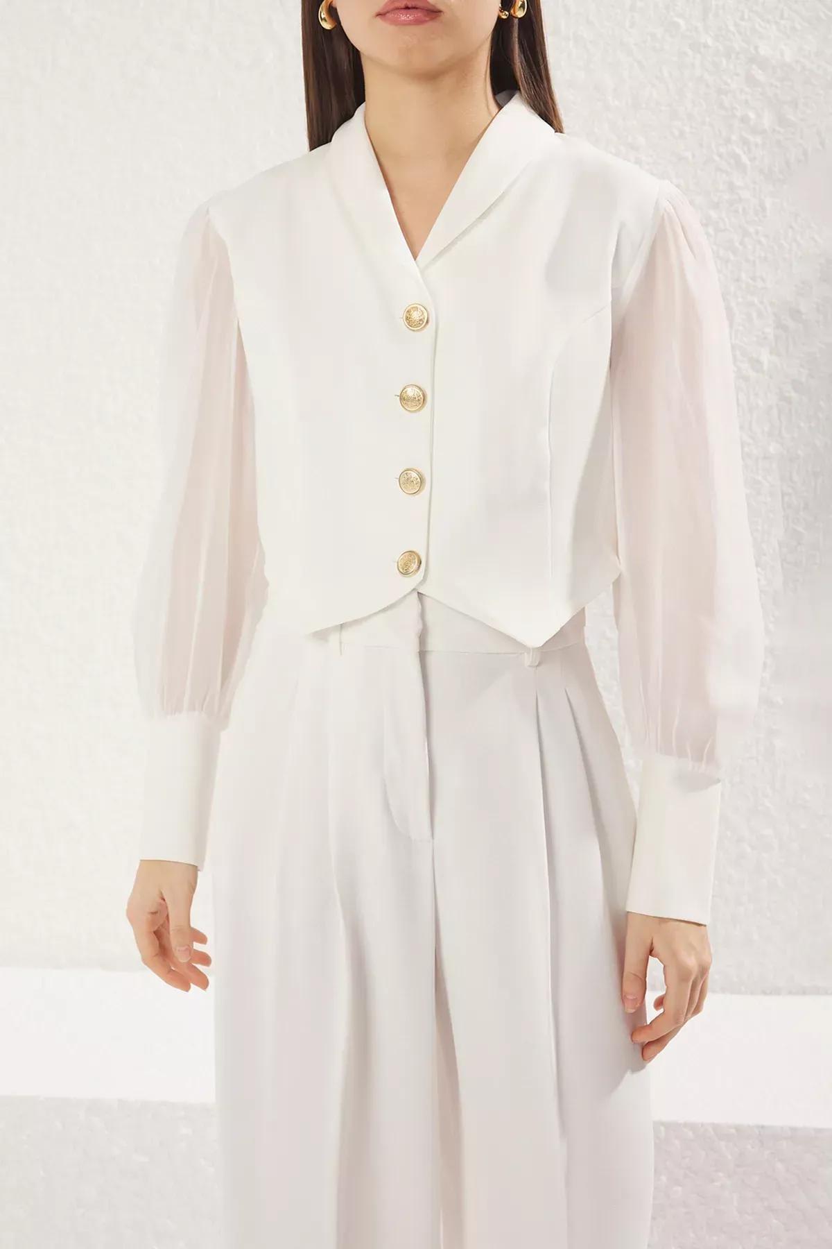 White Metal Button Blazer Jacket, White, large image number 3