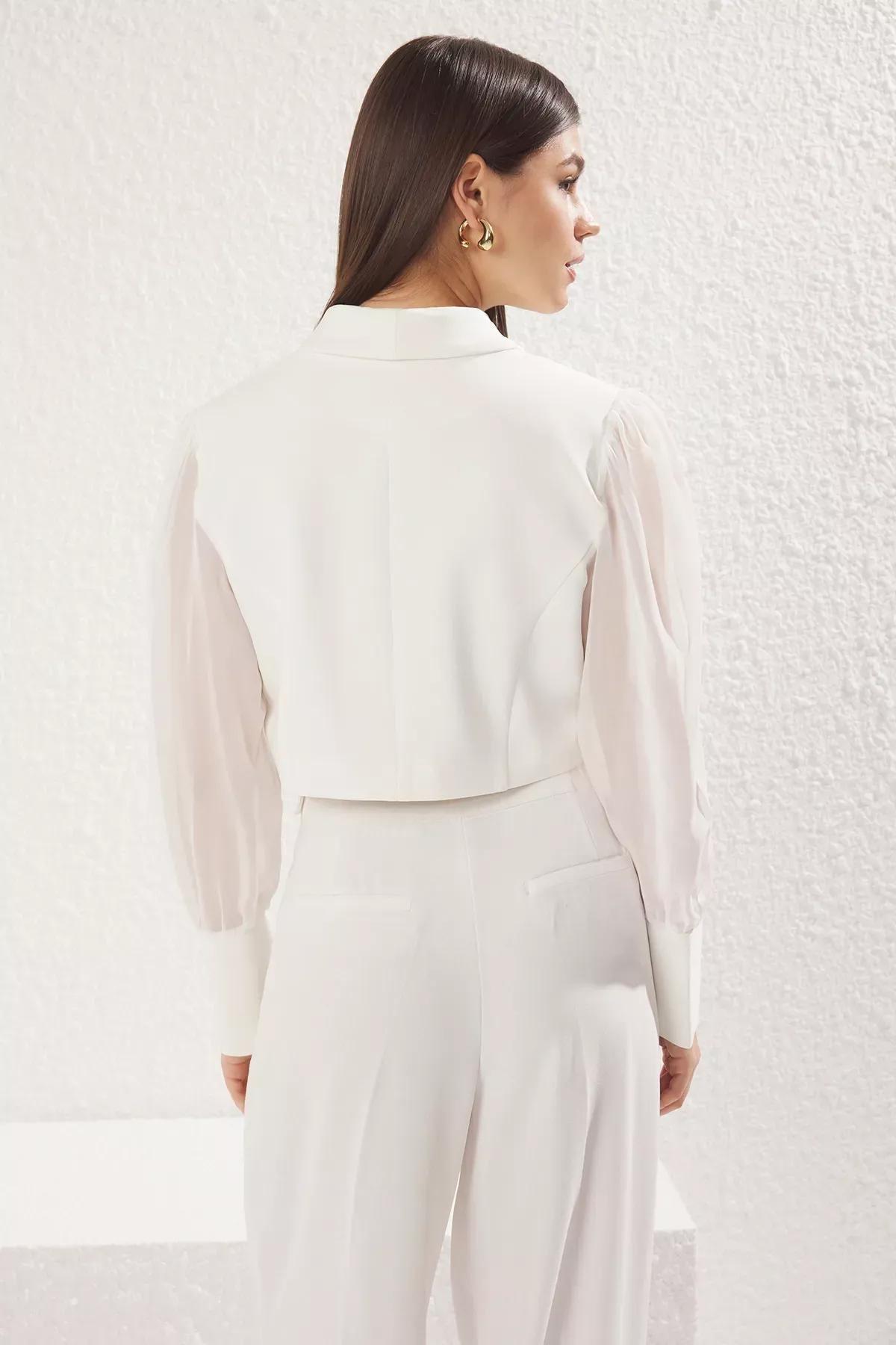 White Metal Button Blazer Jacket, White, large image number 4