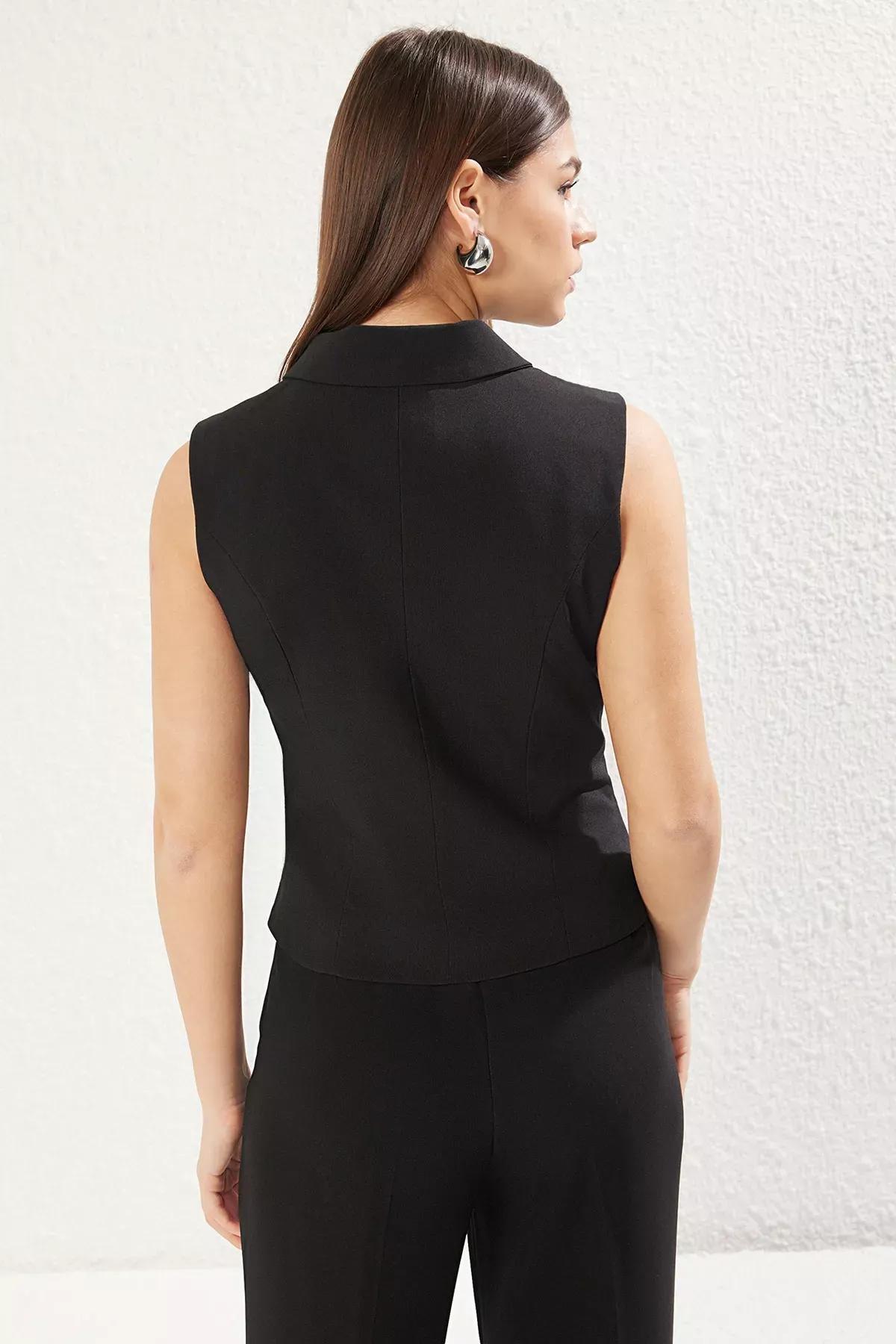Black Jacket Collar Woven Vest, , large image number 4
