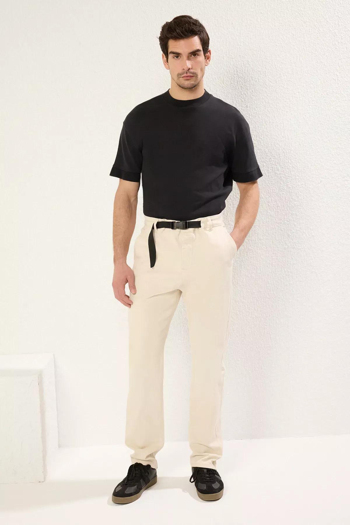Beige Waist Belt Buckle Trousers, , large image number 0