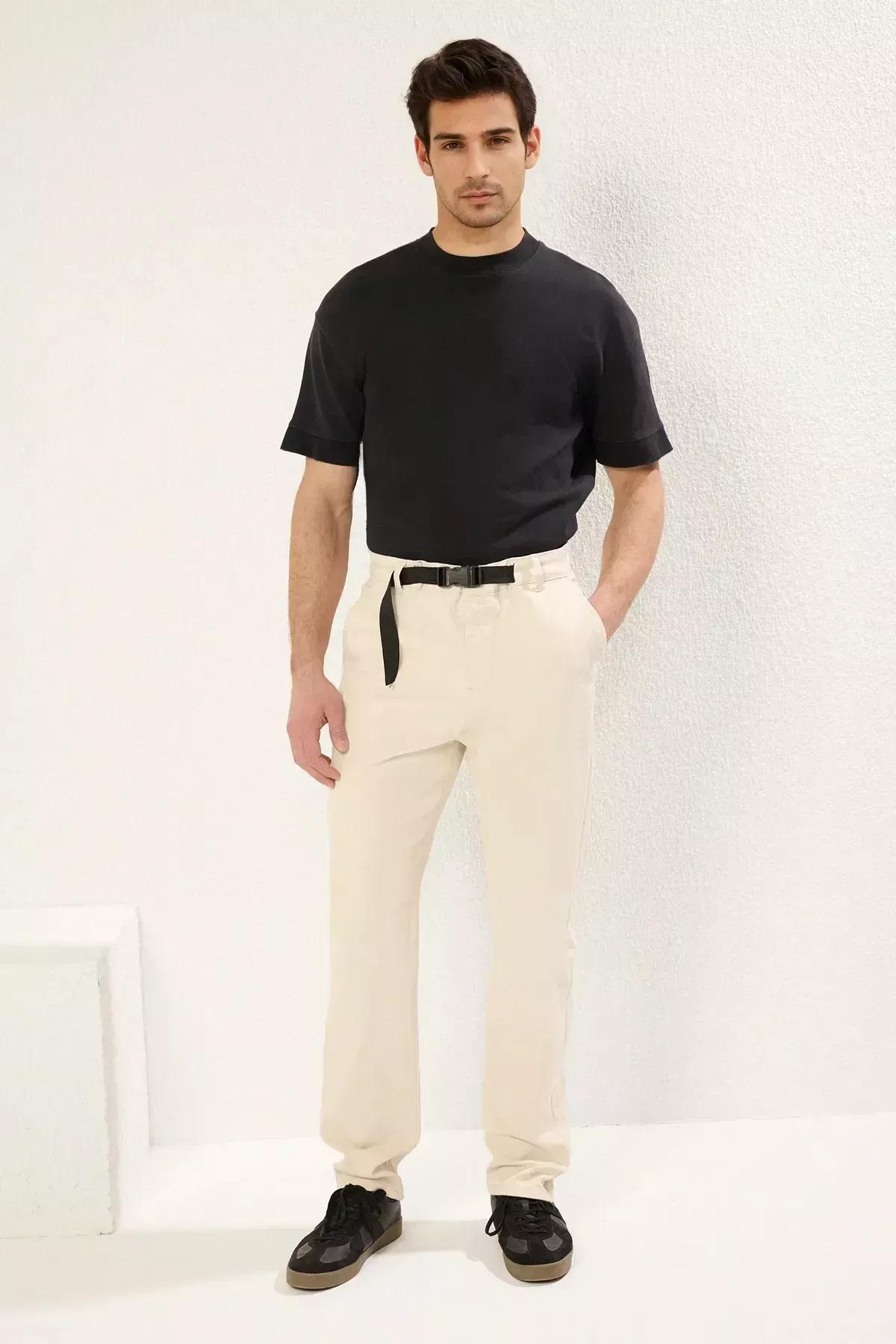 Beige Waist Belt Buckle Trousers, STONE, large image number 3