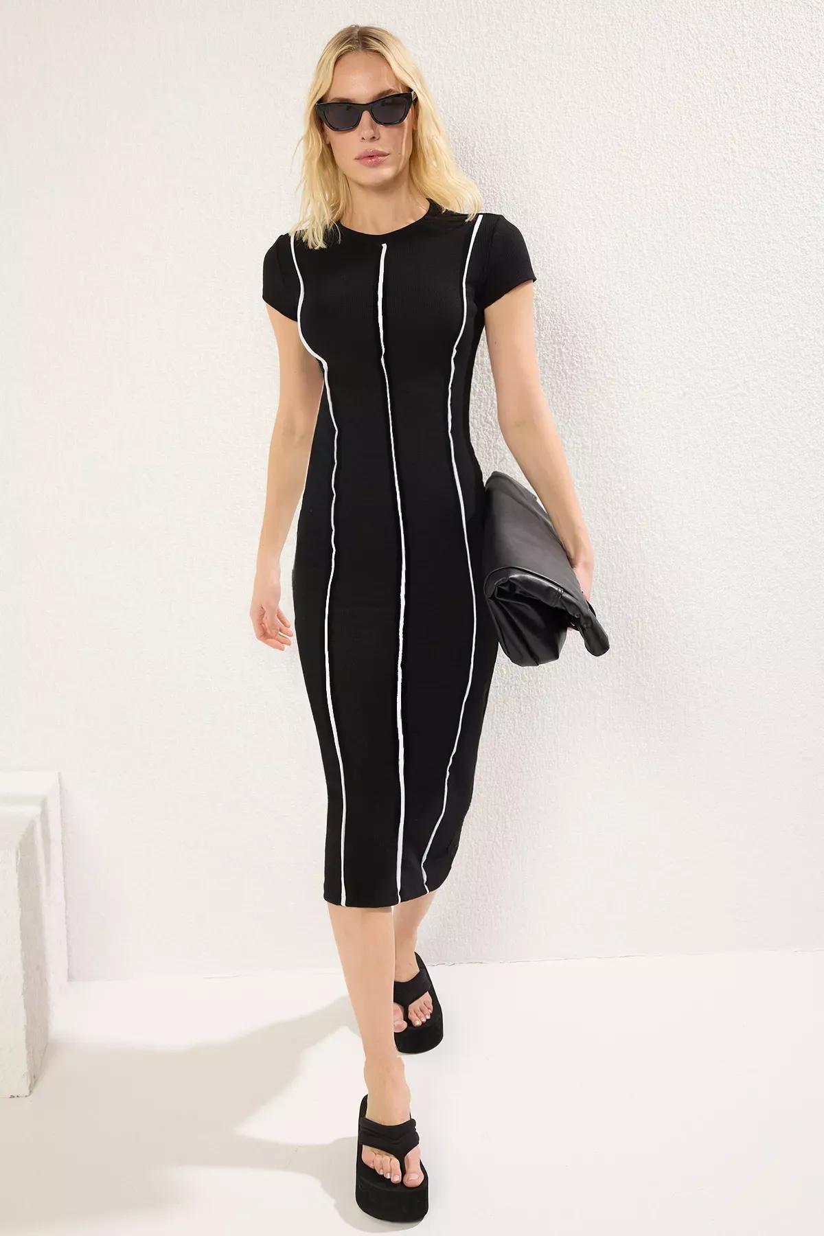 Black Ribbed Detail Fitted Bodycon Midi Knit Dress, , large image number 0