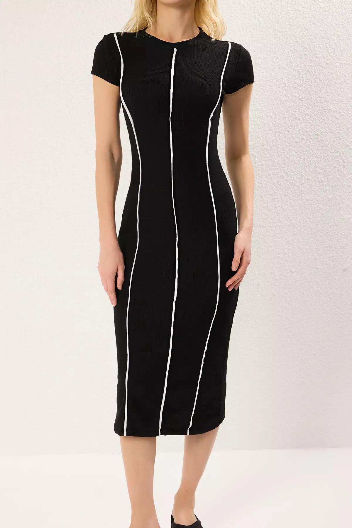 Black Ribbed Detail Fitted Bodycon Midi Knit Dress, , large image number 2