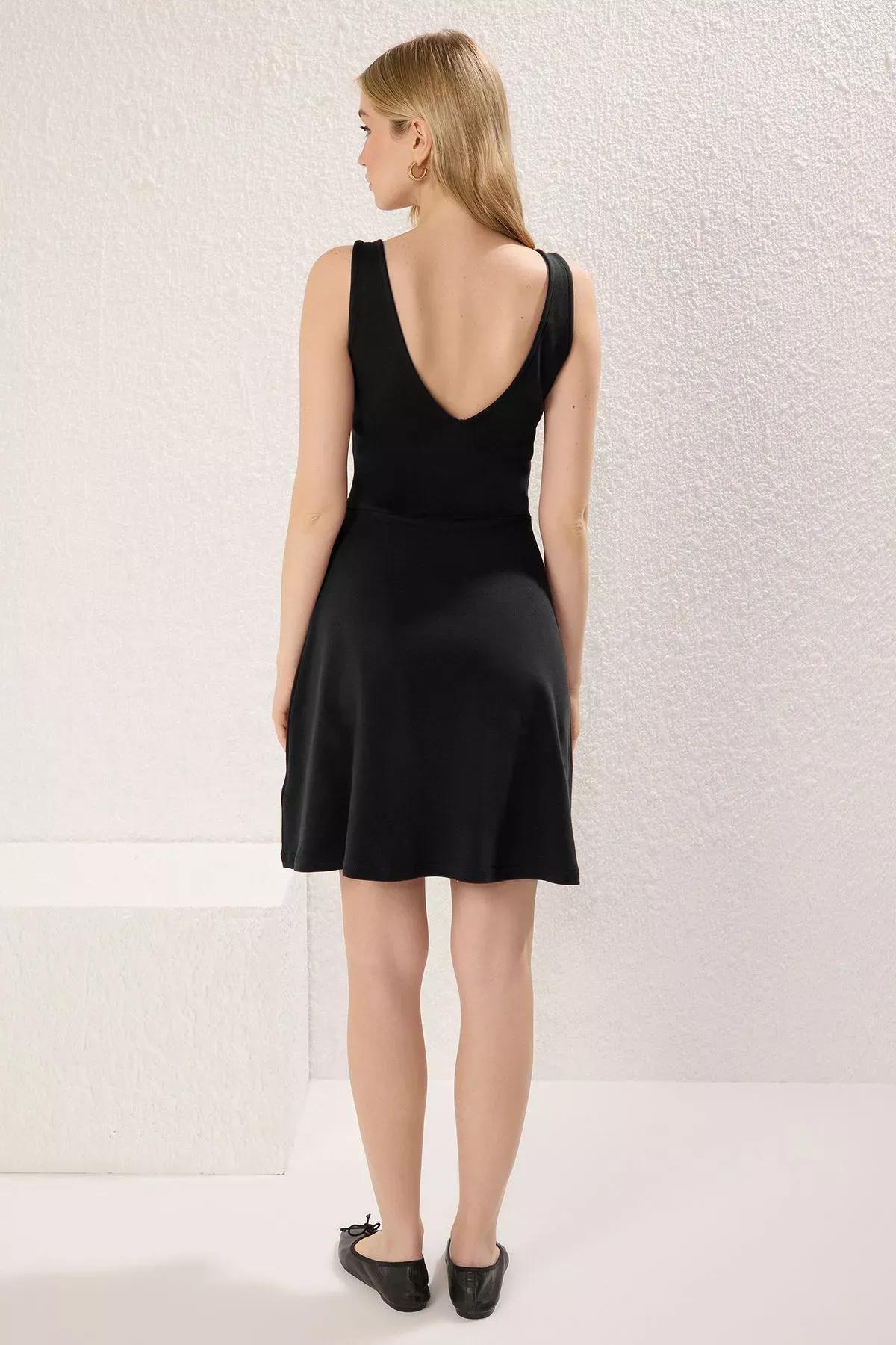 Black Skater V-Neck Mini Knit Dress, , large image number 3