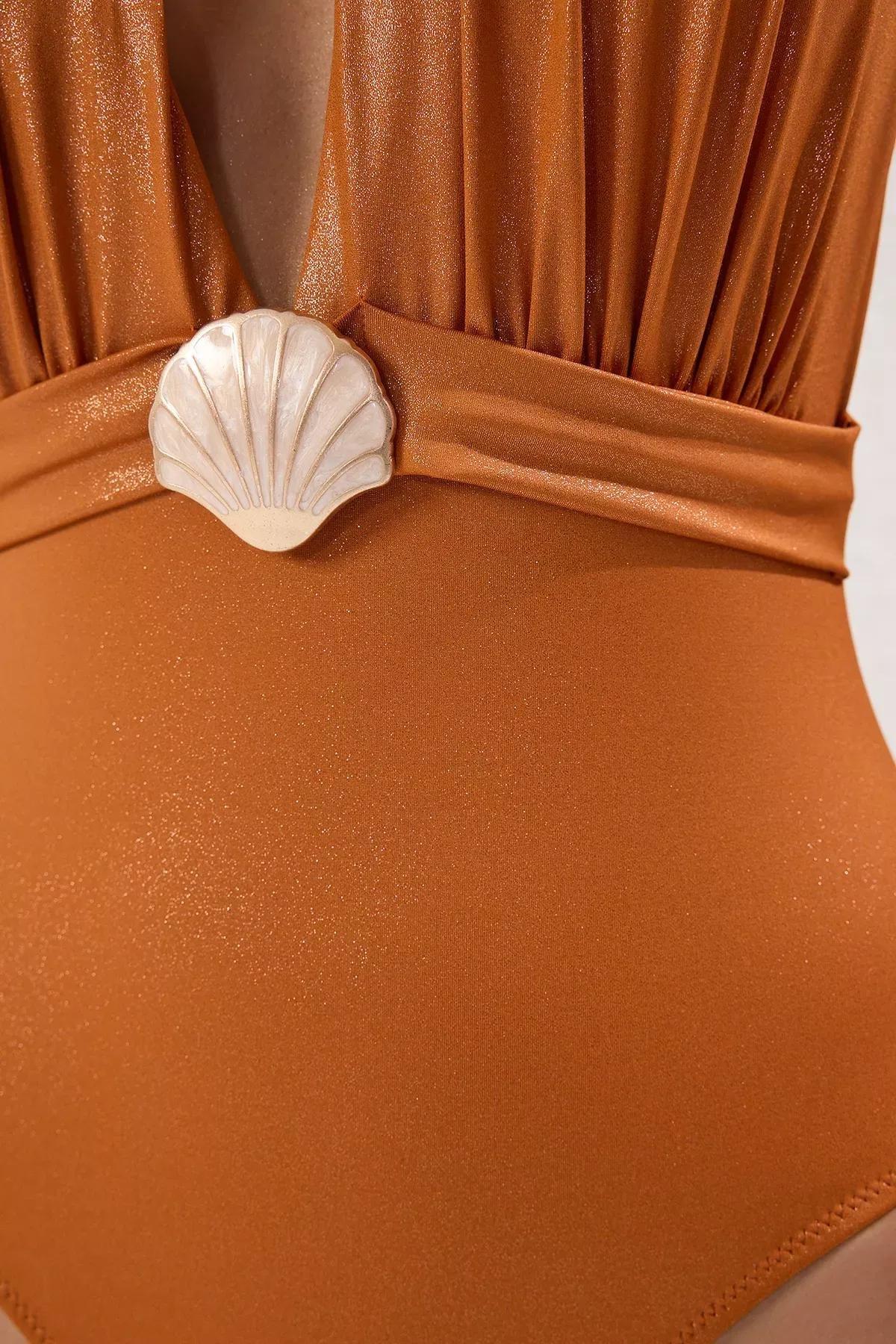 Beige Shell Accessorized Shiny Swimsuit, , large image number 2