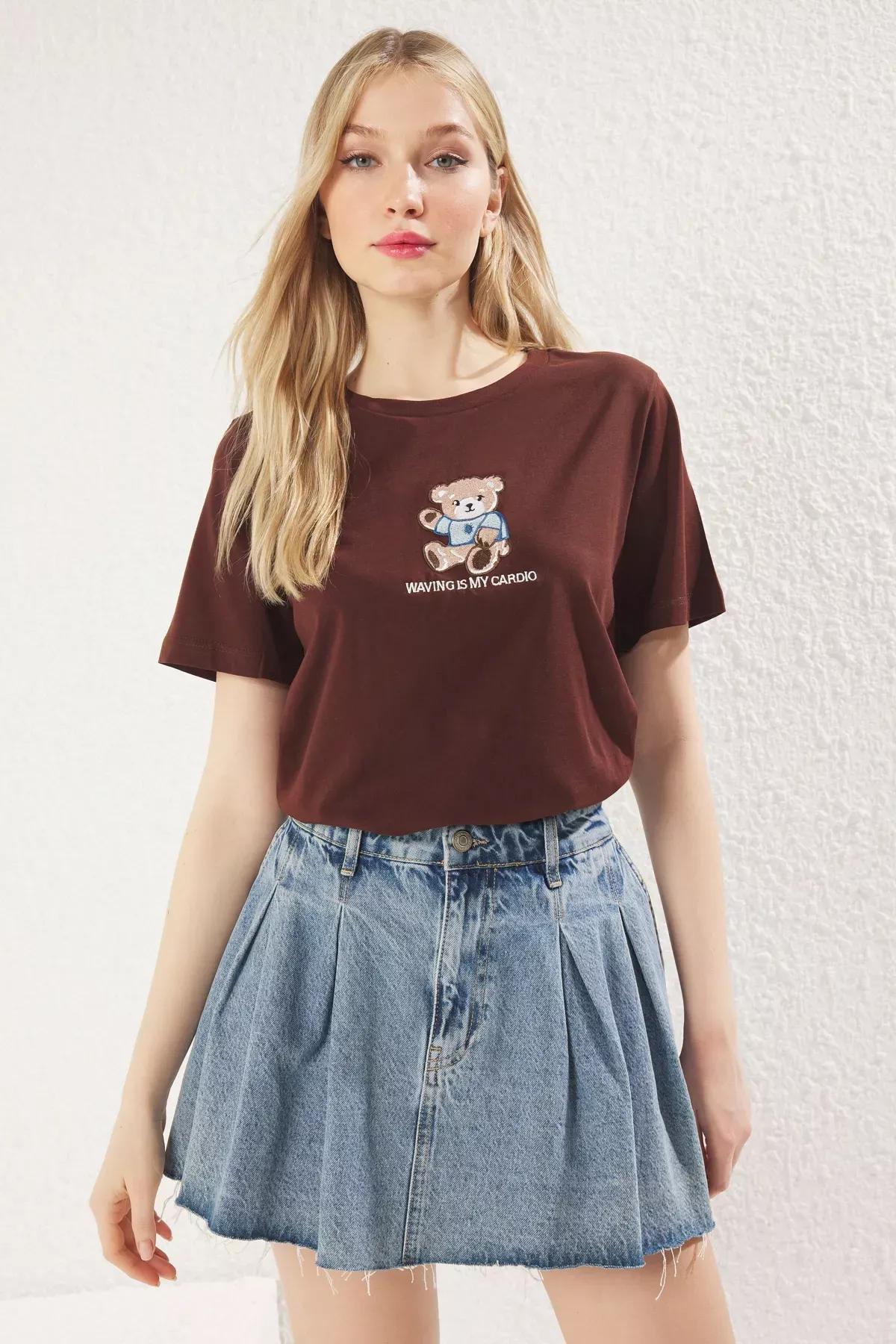 Brown Teddy Bear Embroidered T-Shirt, , large image number 1