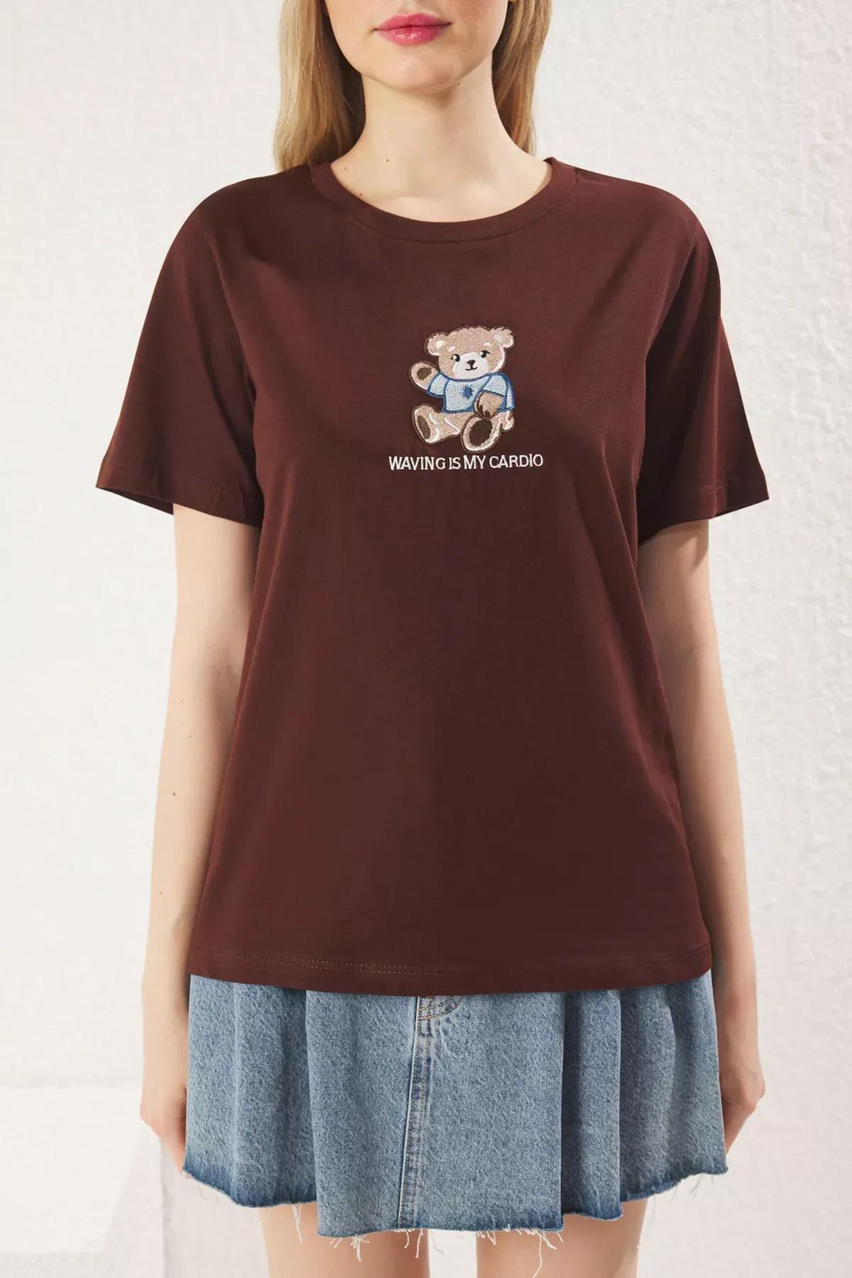 Brown Teddy Bear Embroidered T-Shirt, , large image number 2