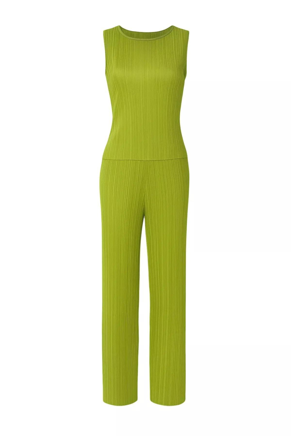 Green Pleated Knitted Co-Ord Set, OIL GREEN, large image number 4