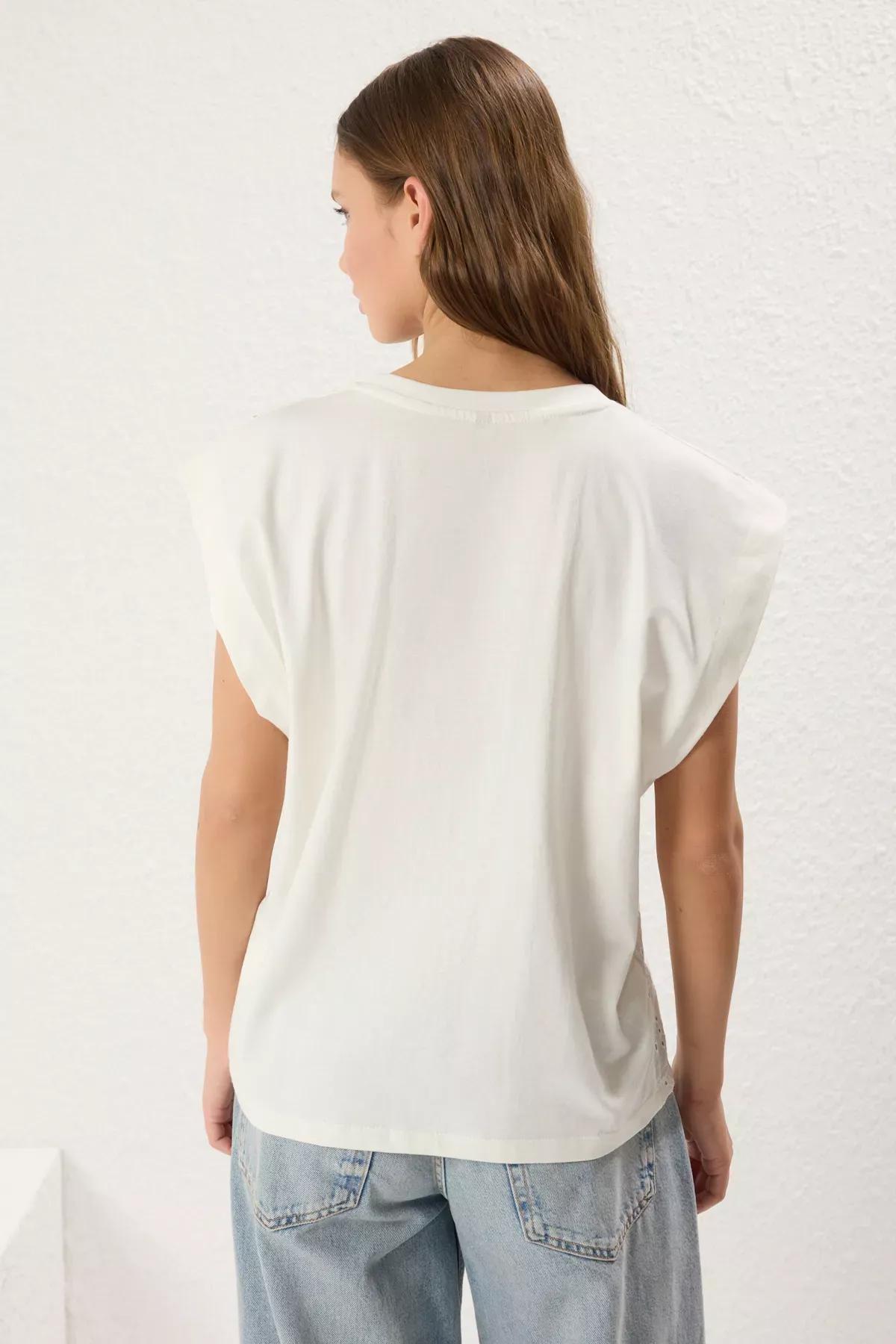 Beige Embroidery Detail Relaxed T-Shirt, Ecru, large image number 5