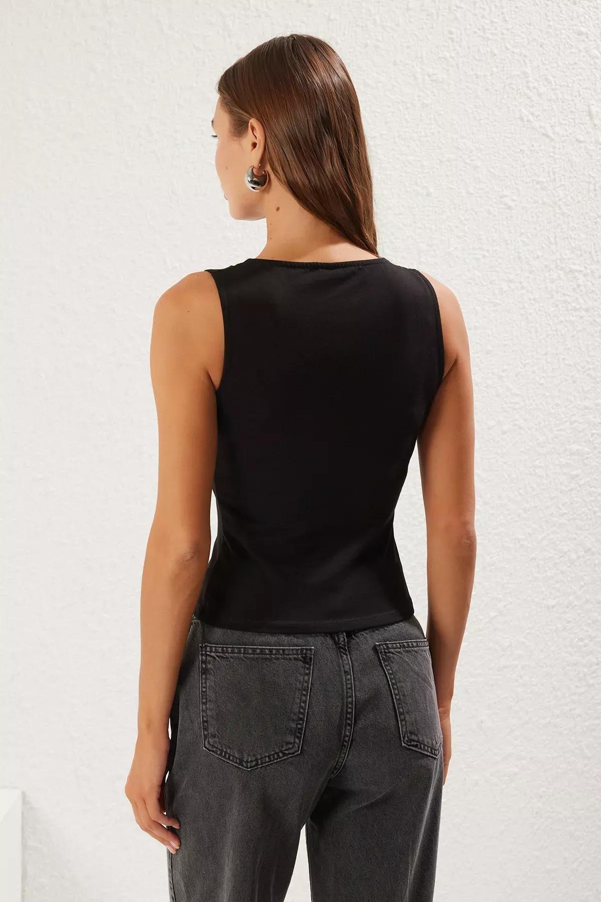 Black Lace Detail Fitted Knit Blouse, , large image number 4
