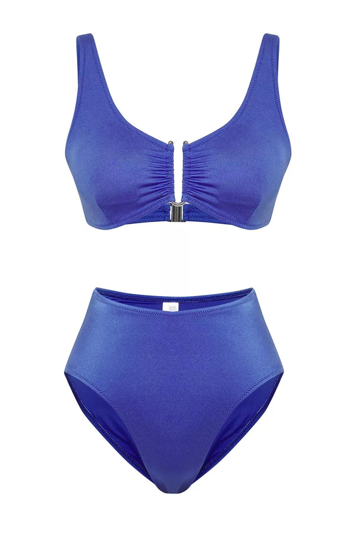 Blue Bralettete Shiny High-Waist Bikini Set, , large image number 4