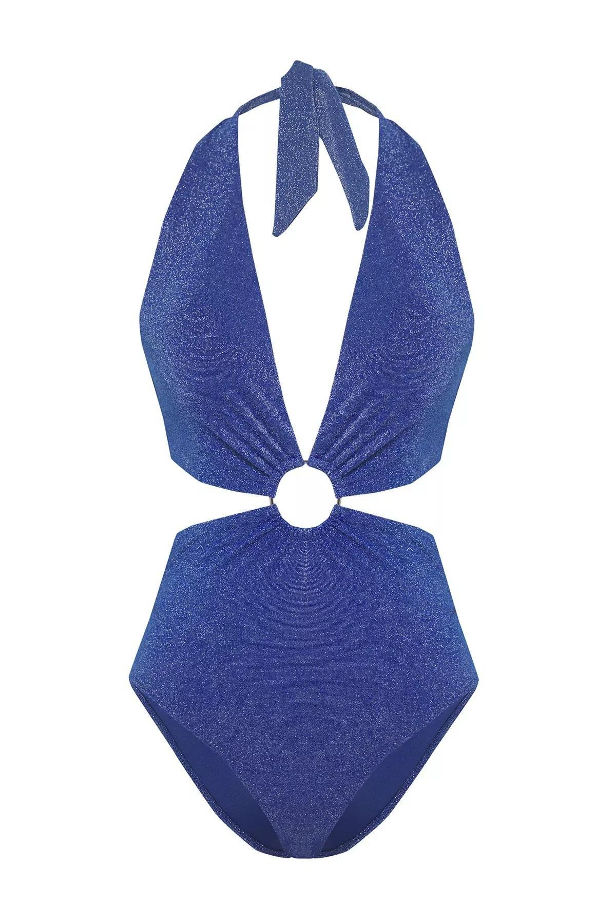 Saks V-Neck Accessorized Glittery Swimsuit, , large image number 4