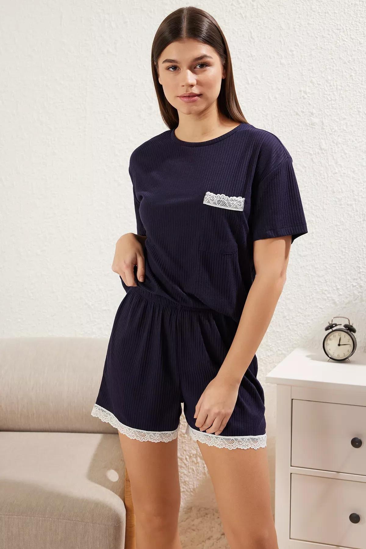 Navy Lace Detail Pajama Set with Ribbed Shorts, , large image number 0