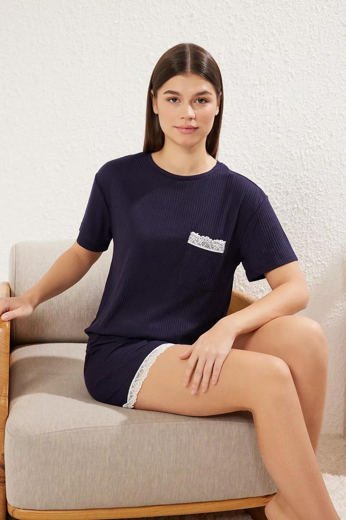 Navy Lace Detail Pajama Set with Ribbed Shorts, , large image number 1