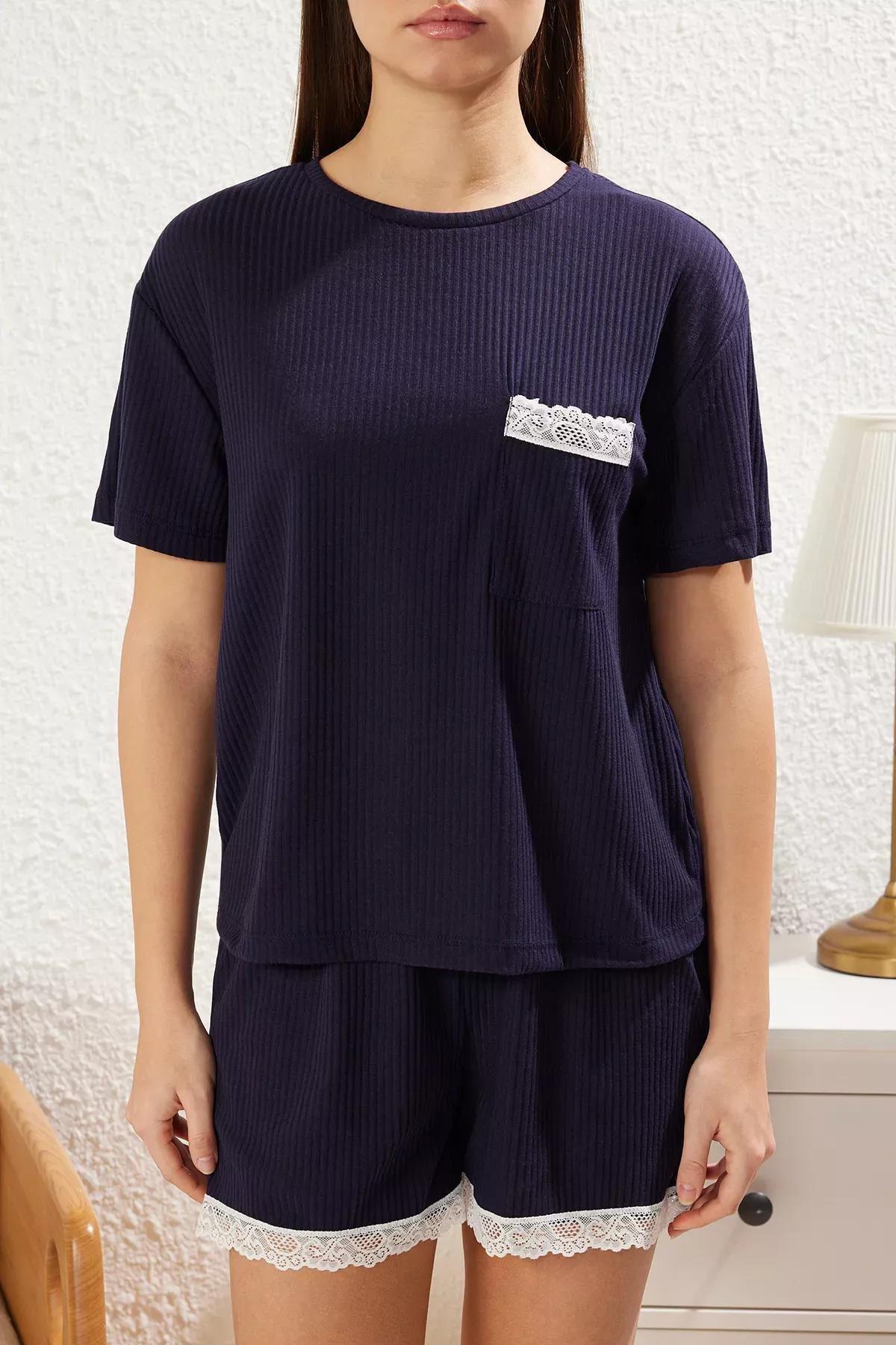 Navy Lace Detail Pajama Set with Ribbed Shorts, , large image number 2
